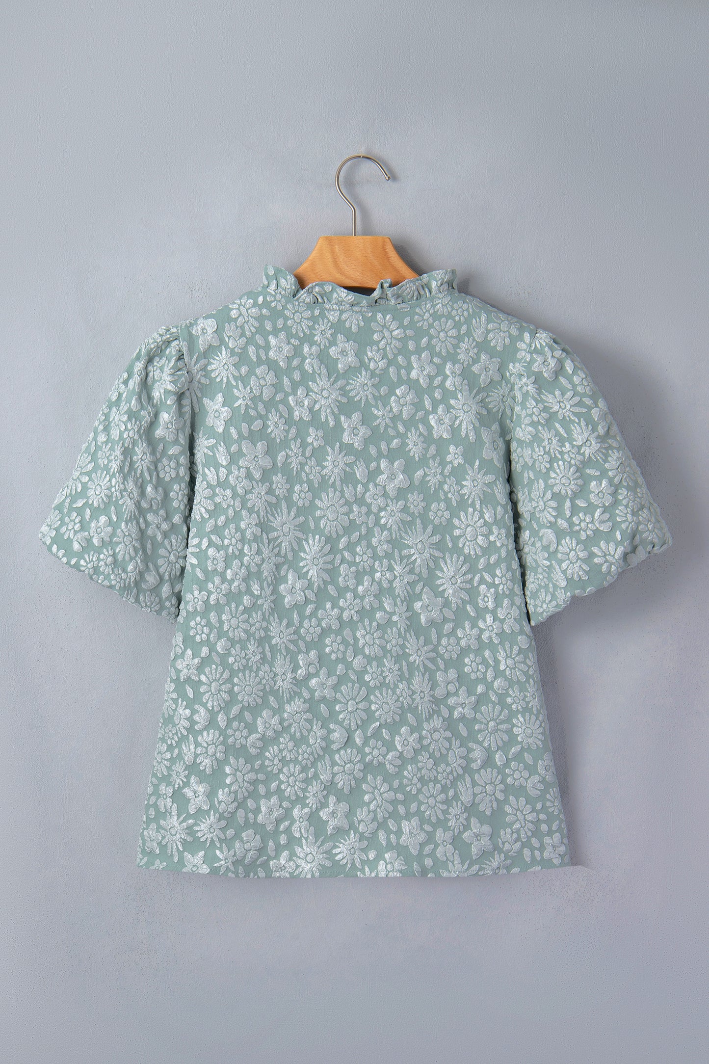 Iceland Blue Floral Textured Jacquard Puff Sleeve Blouse-Tops/Blouses & Shirts-[Adult]-[Female]-2022 Online Blue Zone Planet