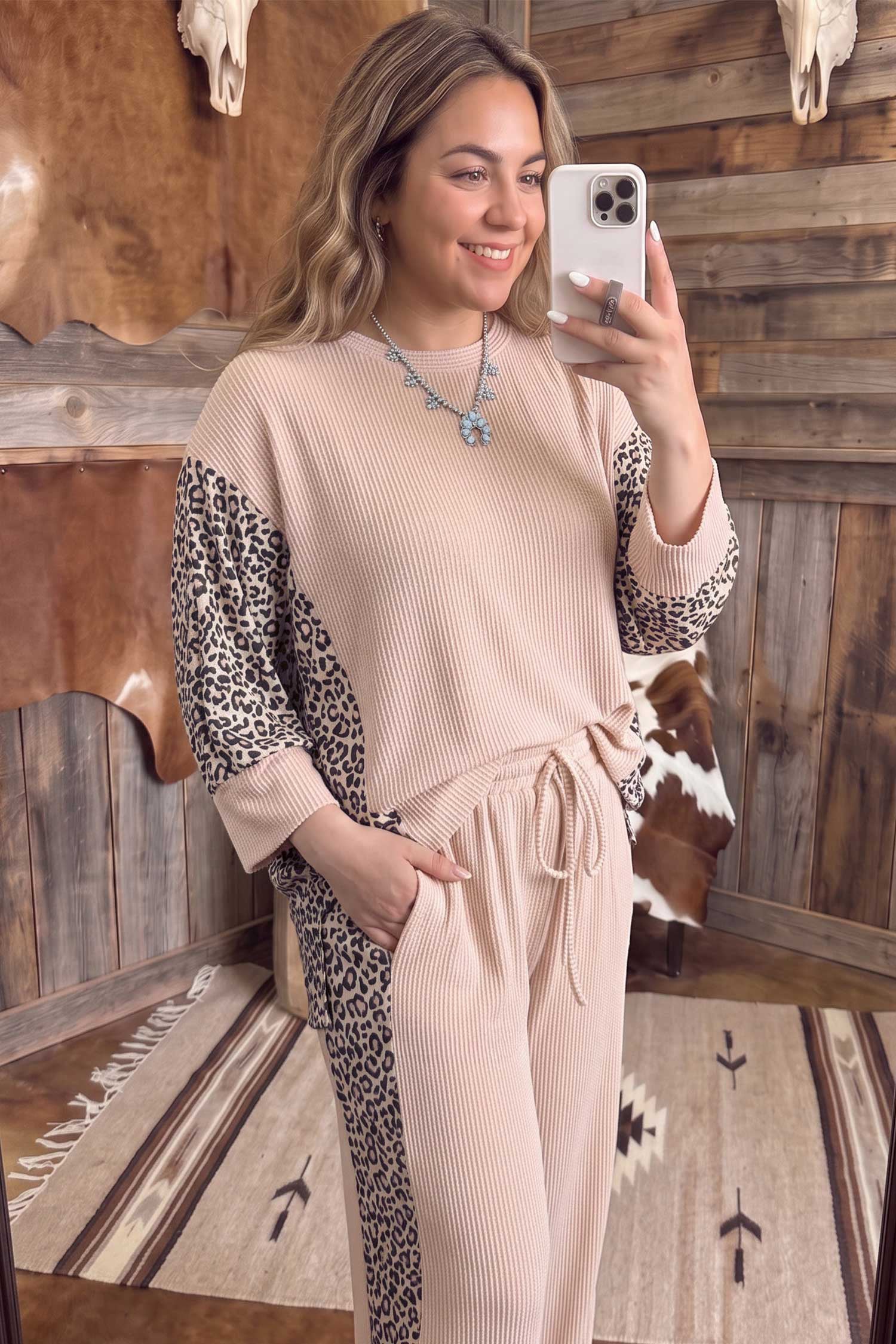Light French Beige Leopard Print Ribbed Twist Long Sleeve Top Pants Plus Size Set-Plus Size/Plus Size Loungewear-[Adult]-[Female]-2022 Online Blue Zone Planet