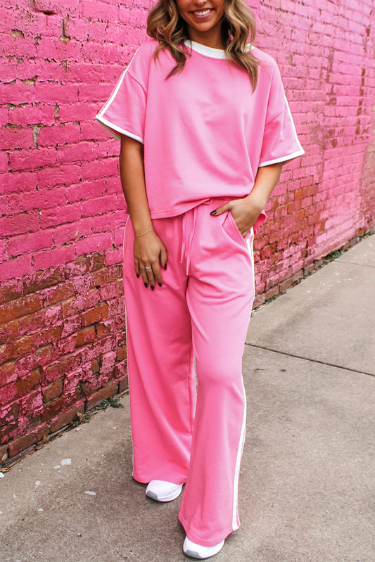 Sachet Pink Varsity Stripe Detail Casual Tee and Pants Leisure 2pcs Set-Two Piece Sets/Pant Sets-[Adult]-[Female]-Sachet Pink-S-2022 Online Blue Zone Planet