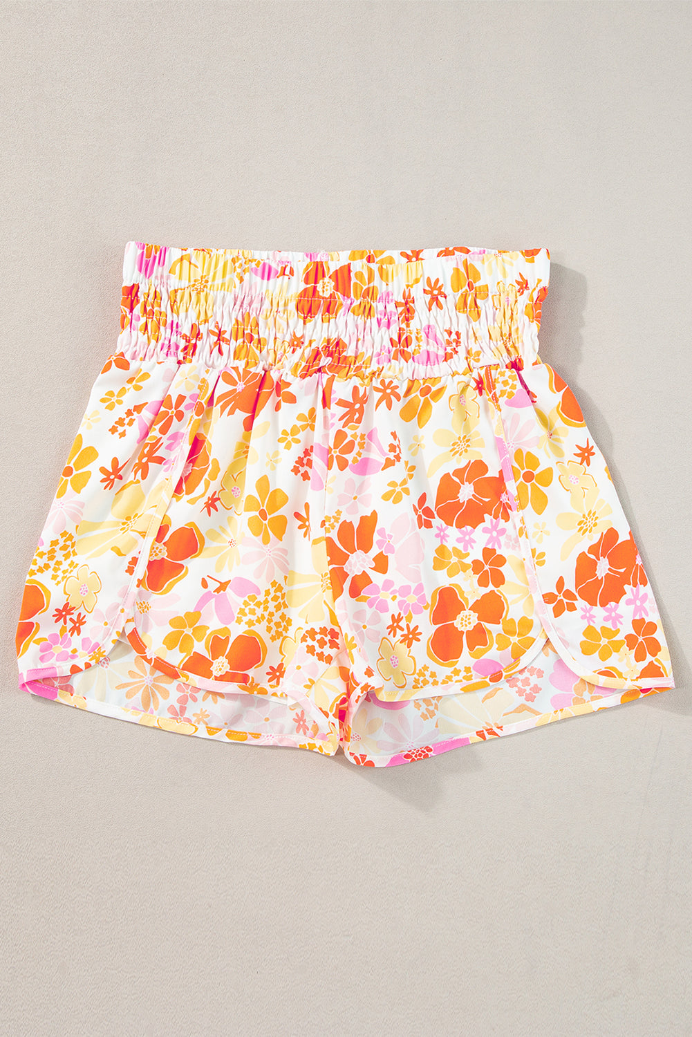 Orange Boho Floral Shirred High Waist Casual Shorts Blue Zone Planet