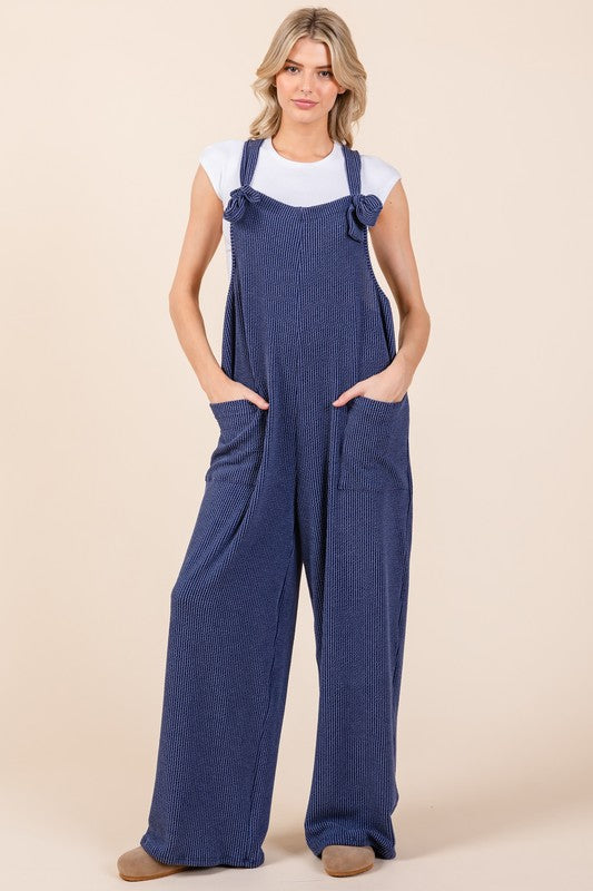 Blue Zone Planet | BOMBOM Knot Straps Wide Leg Ribbed Overalls with Pockets-BOTTOMS SIZES SMALL MEDIUM LARGE-[Adult]-[Female]-2022 Online Blue Zone Planet