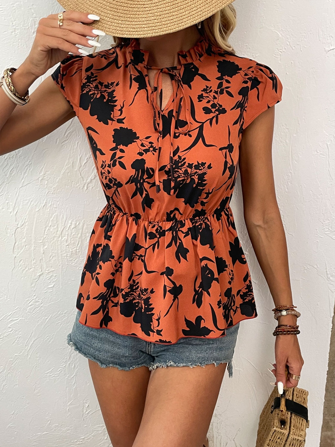 Shiny Printed Tie Neck Cap Sleeve Blouse-TOPS / DRESSES-[Adult]-[Female]-Caramel-S-2022 Online Blue Zone Planet