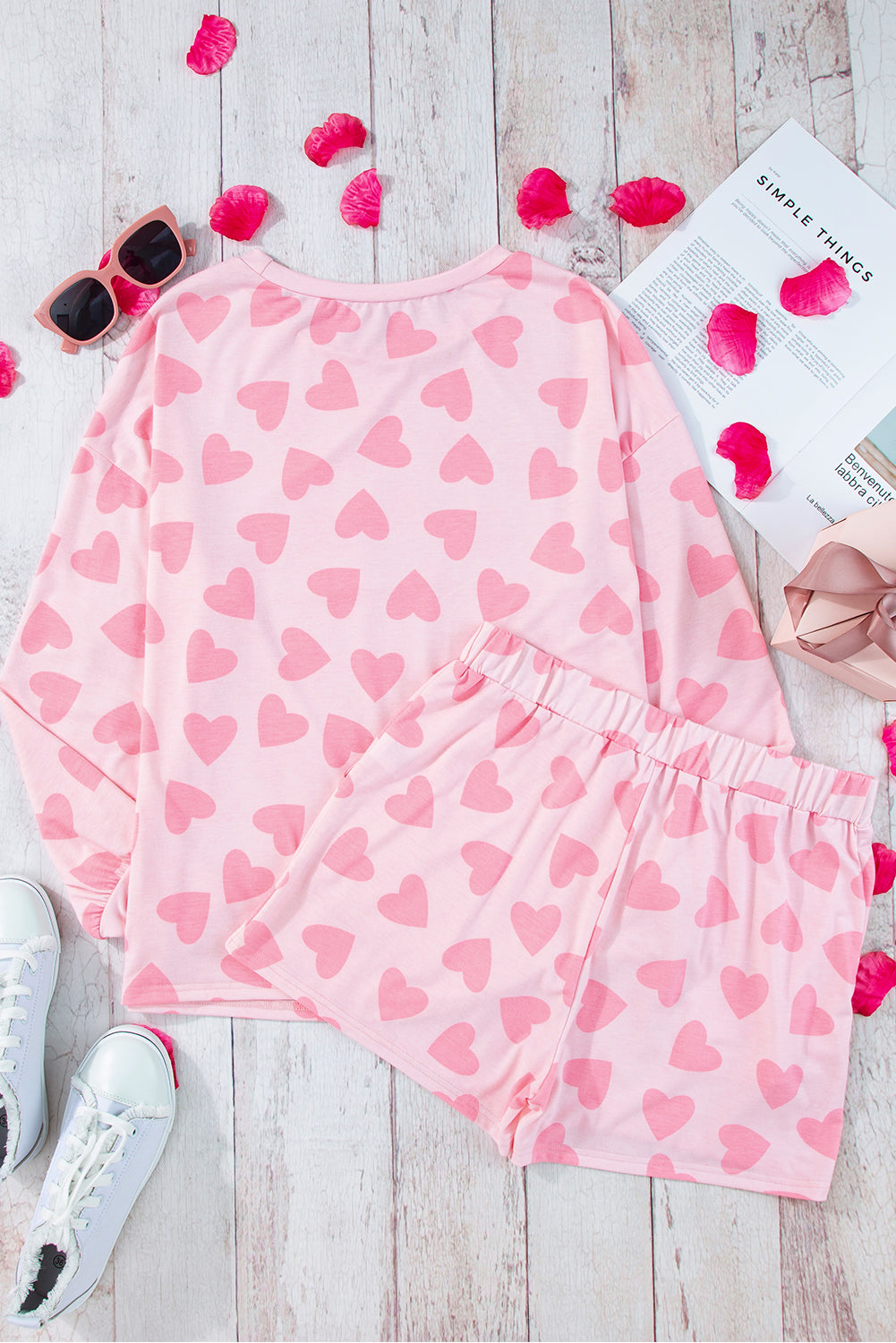 Pink Heart Print Long Sleeve Top And Shorts Loungewear Set