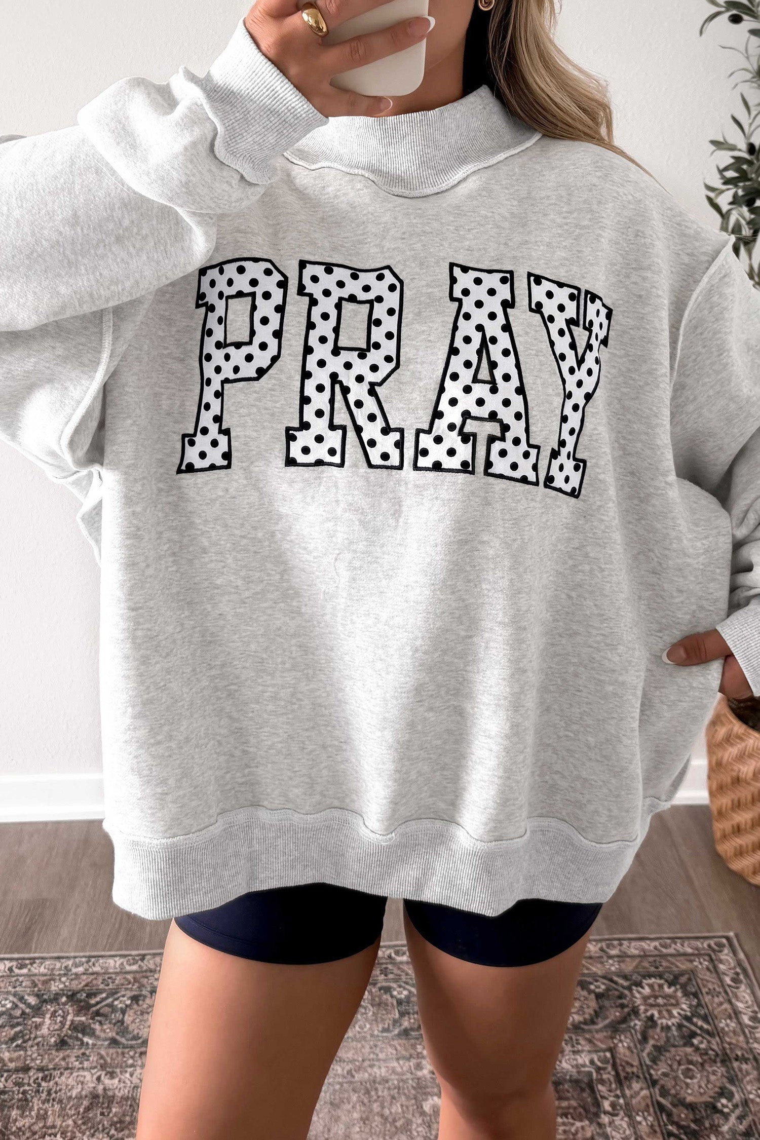 Gray PRAY Polka Dot Embroidered Mock Neck Sweatshirt-Tops/Sweatshirts & Hoodies-[Adult]-[Female]-Gray-S-2022 Online Blue Zone Planet