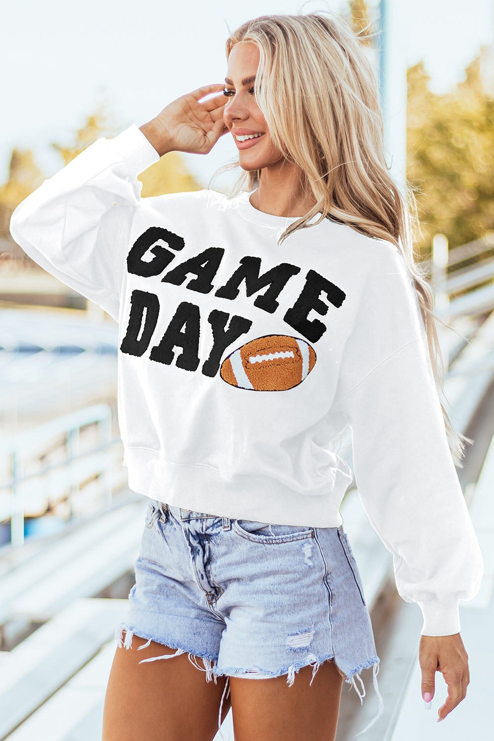 White GAME DAY Graphic Varsity Pullover Sweatshirt-Tops/Sweatshirts & Hoodies-[Adult]-[Female]-2022 Online Blue Zone Planet