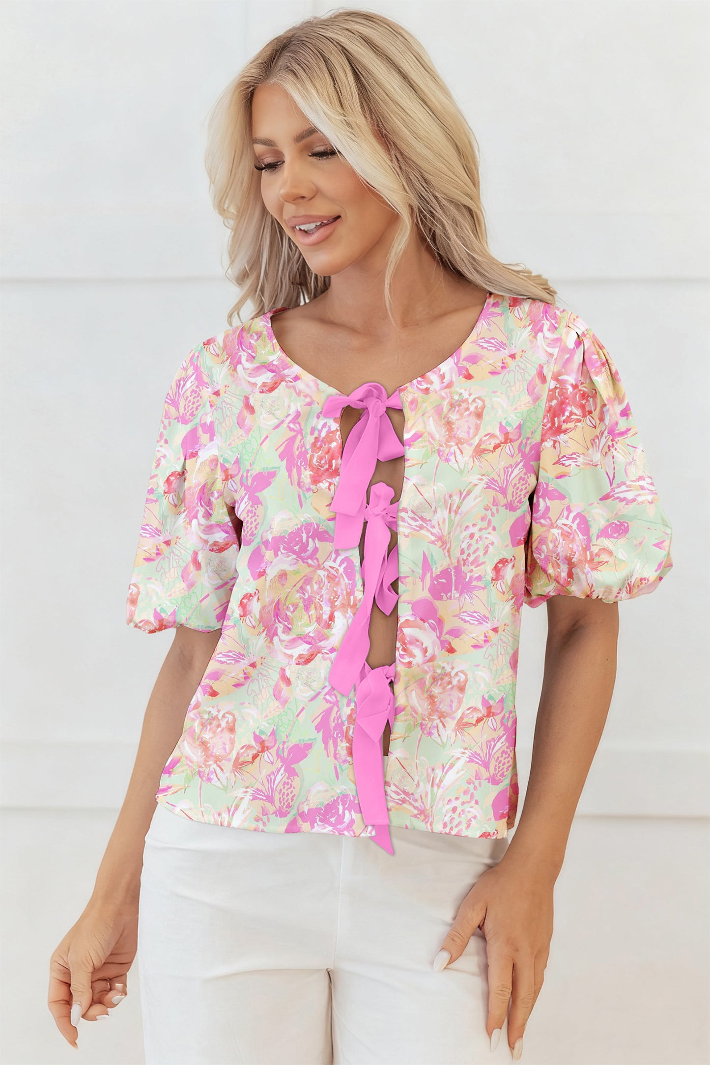 Pink Ribbon Knot Front Floral Short Puff Sleeve Blouse-Tops/Blouses & Shirts-[Adult]-[Female]-2022 Online Blue Zone Planet
