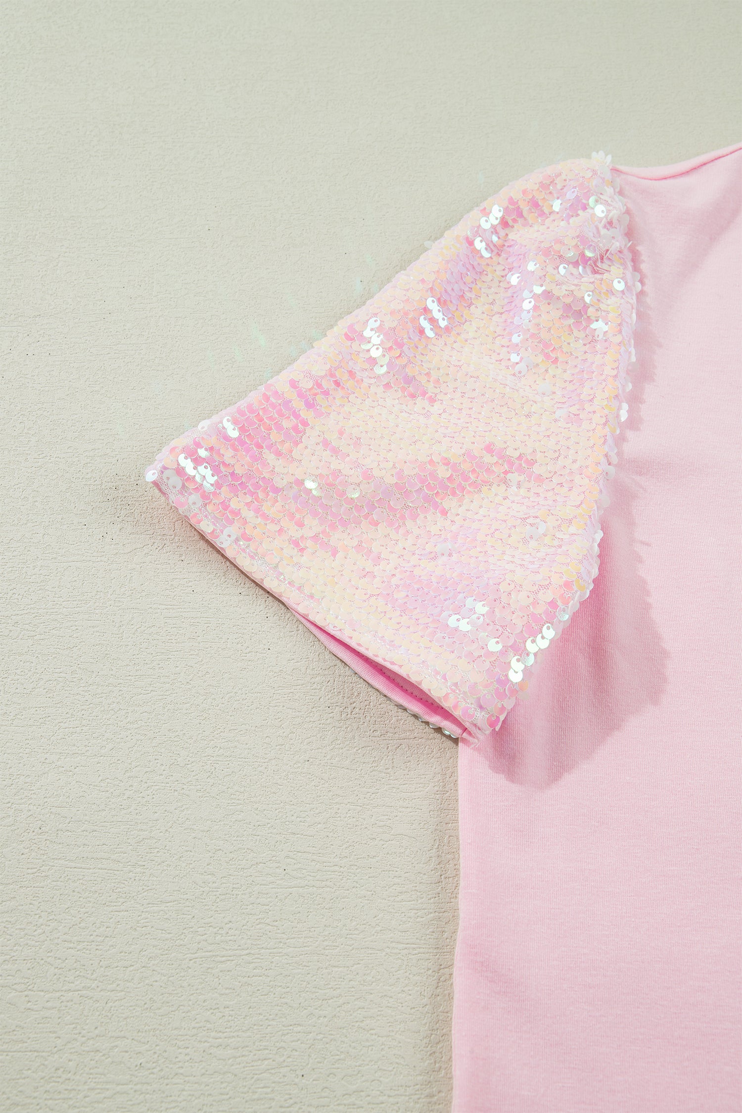 Light Pink Three Sweet Hearts Printed Sequin Trim Contrast Sleeve Patchwork Tee-Tops/Tops & Tees-[Adult]-[Female]-2022 Online Blue Zone Planet