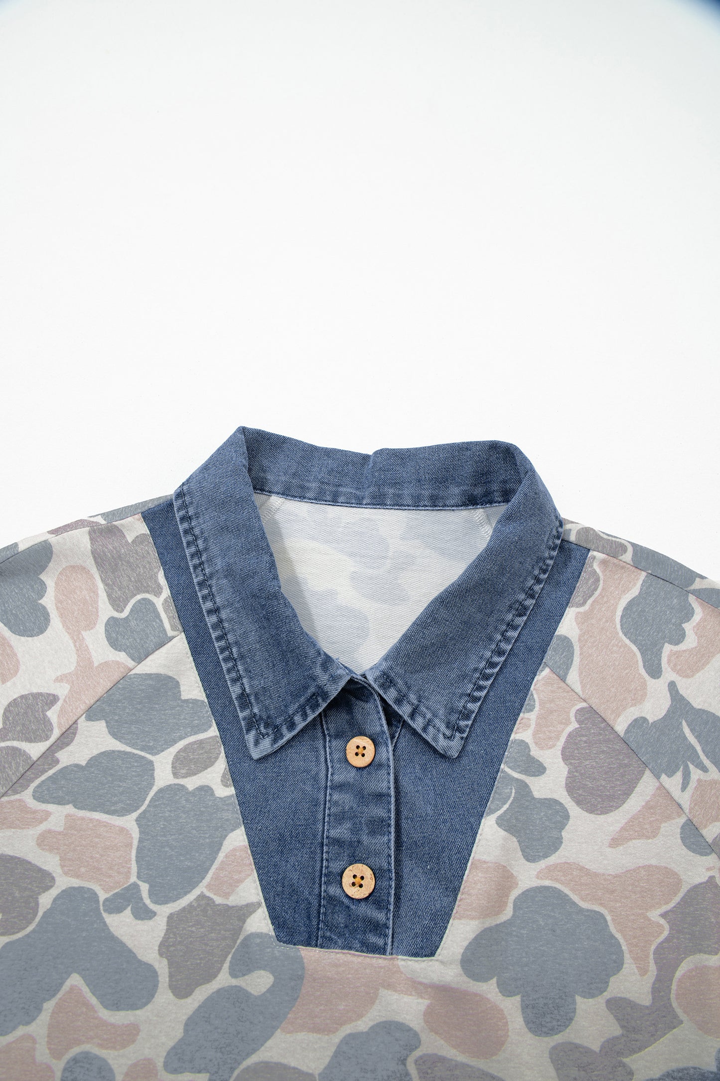 Multicolour Camouflage Print Denim Patchwork Polo Collar Tee-Tops/Tops & Tees-[Adult]-[Female]-2022 Online Blue Zone Planet