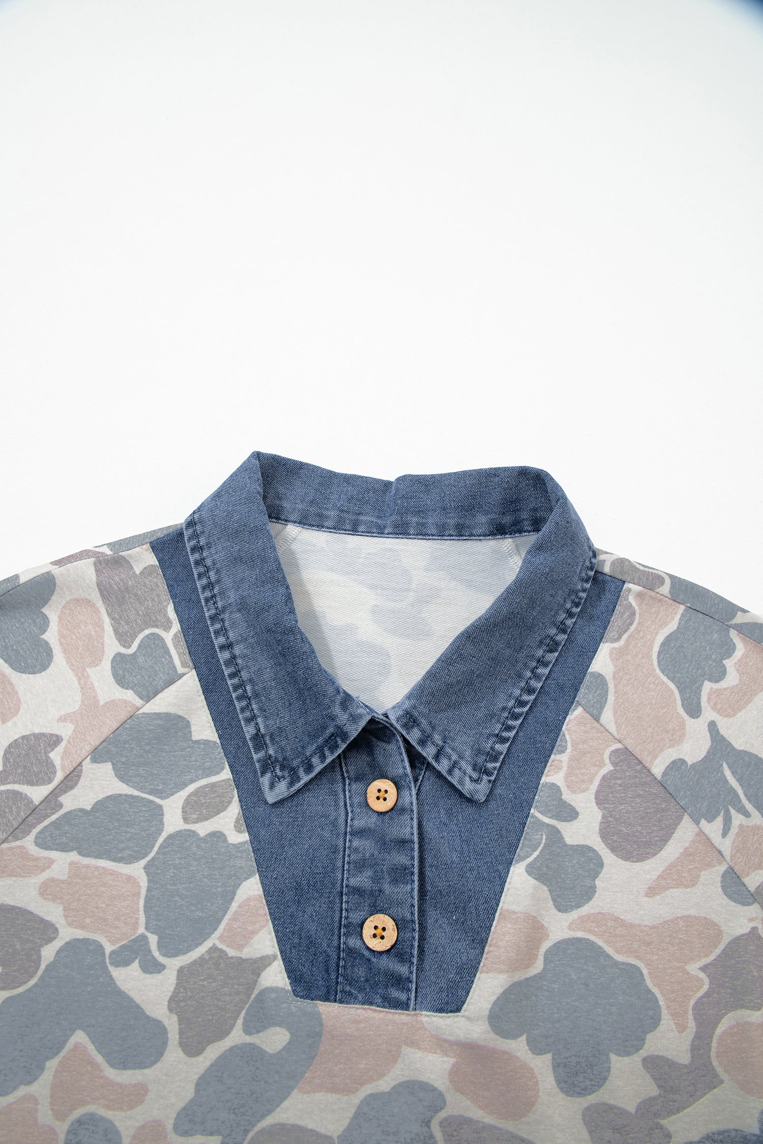 Multicolour Camouflage Print Denim Patchwork Polo Collar Tee-Tops/Tops & Tees-[Adult]-[Female]-2022 Online Blue Zone Planet