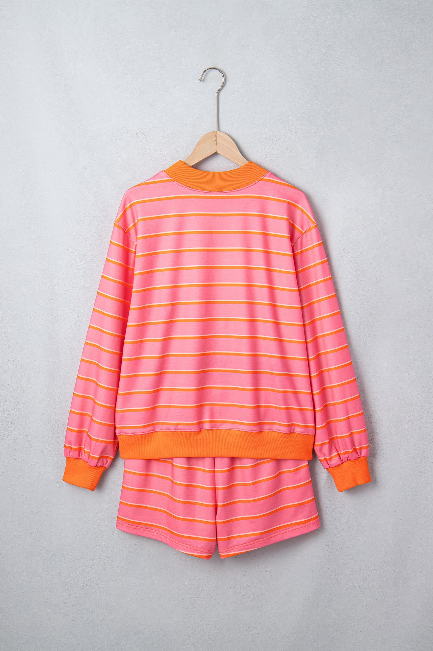 Rose Stripe Color Block Trim Long Sleeve Pullover Pocketed Shorts 2pcs Set-Two Piece Sets/Short Sets-[Adult]-[Female]-2022 Online Blue Zone Planet