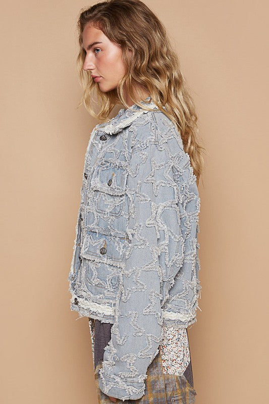 POL Star Textured Raw Hem Long Sleeve Denim Jacket-TOPS / DRESSES-[Adult]-[Female]-2022 Online Blue Zone Planet