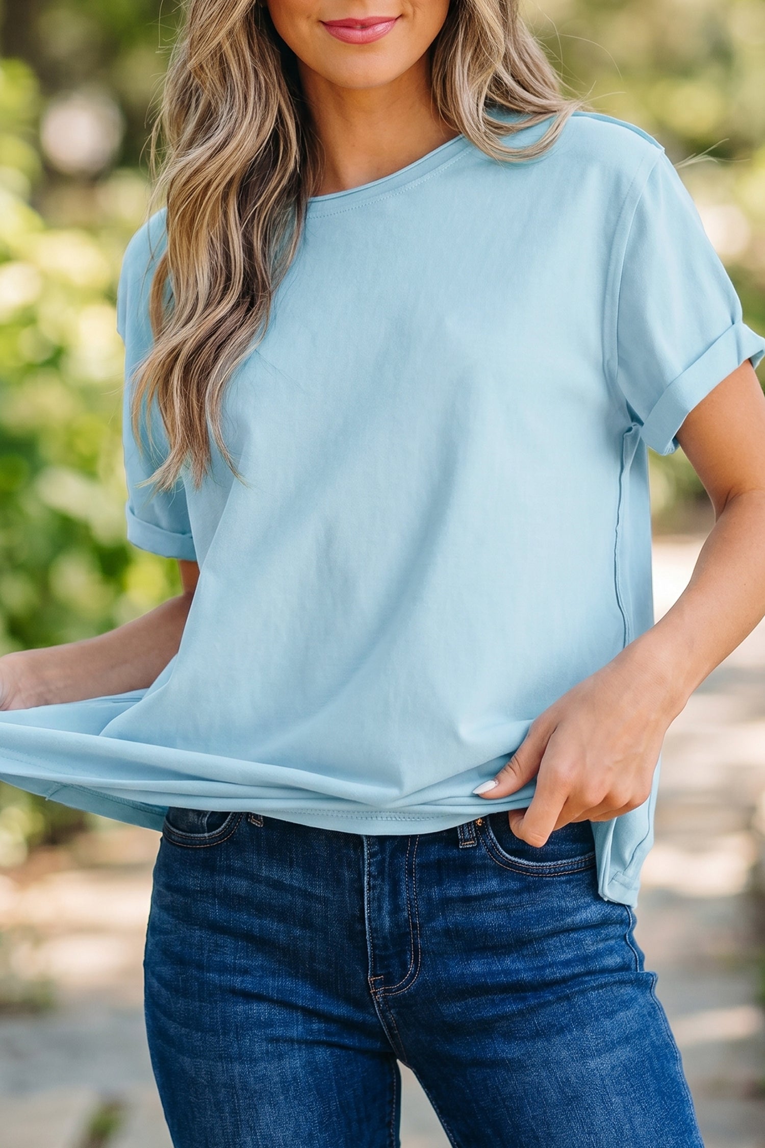 Myosotis Solid Color Round Neck Casual T Shirt-Tops/Tops & Tees-[Adult]-[Female]-2022 Online Blue Zone Planet