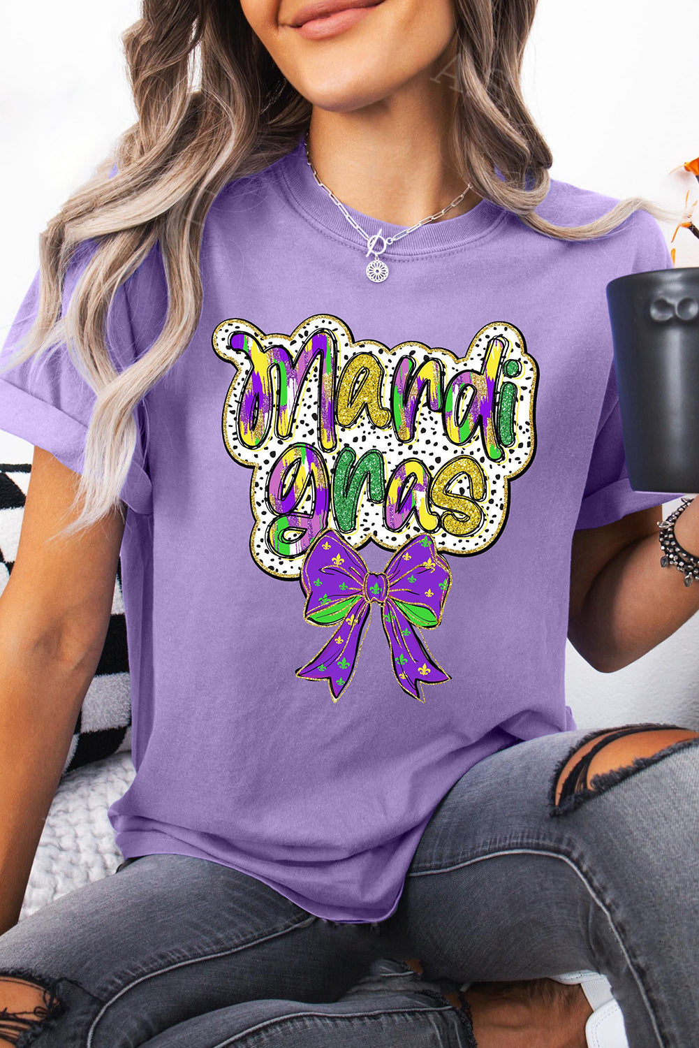 Wisteria mardi gras Bow Graphic Crewneck Holiday T Shirt-Graphic Tees-[Adult]-[Female]-Wisteria-S-2022 Online Blue Zone Planet