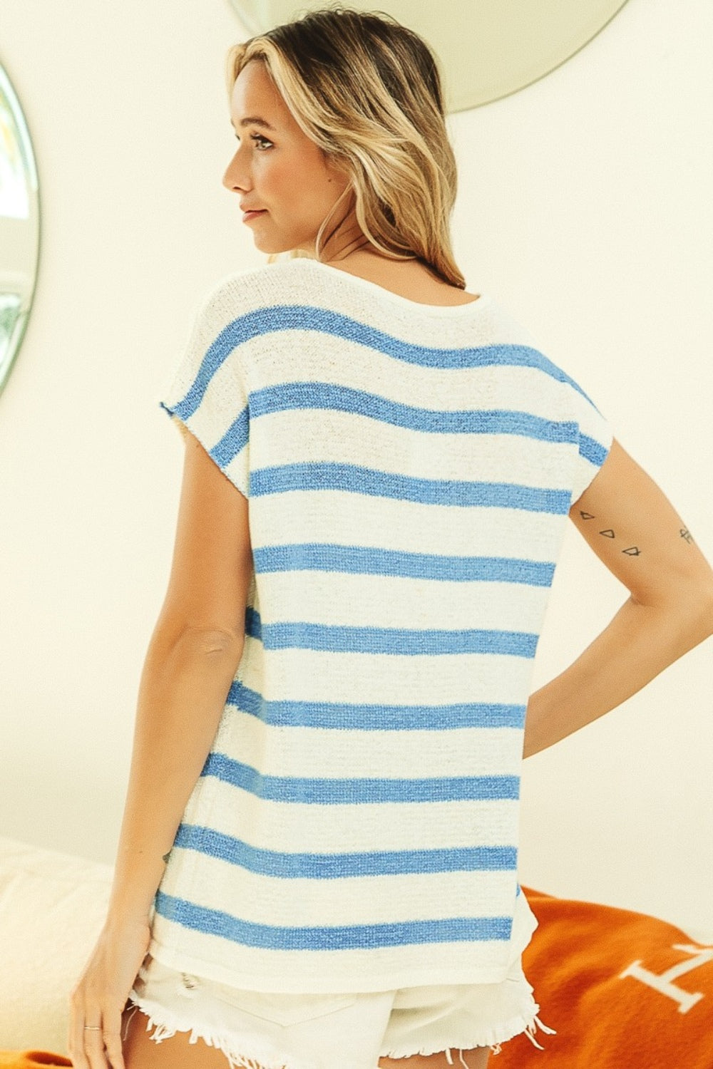 BiBi Striped Round Neck Short Sleeve Knit Top-TOPS / DRESSES-[Adult]-[Female]-2022 Online Blue Zone Planet