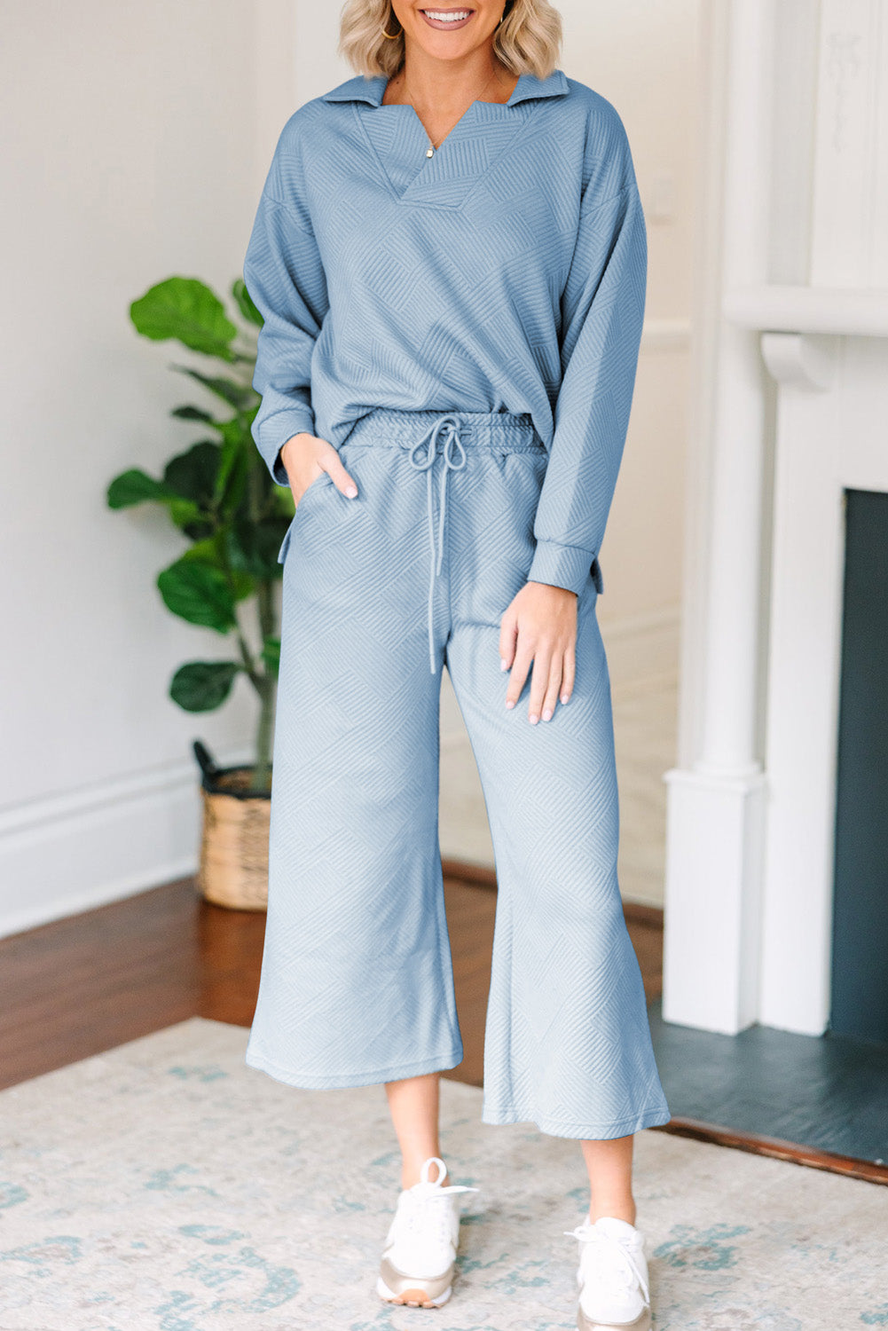 Textured Collared Neck Top and Wide Leg Pants Set-TOPS / DRESSES-[Adult]-[Female]-2022 Online Blue Zone Planet