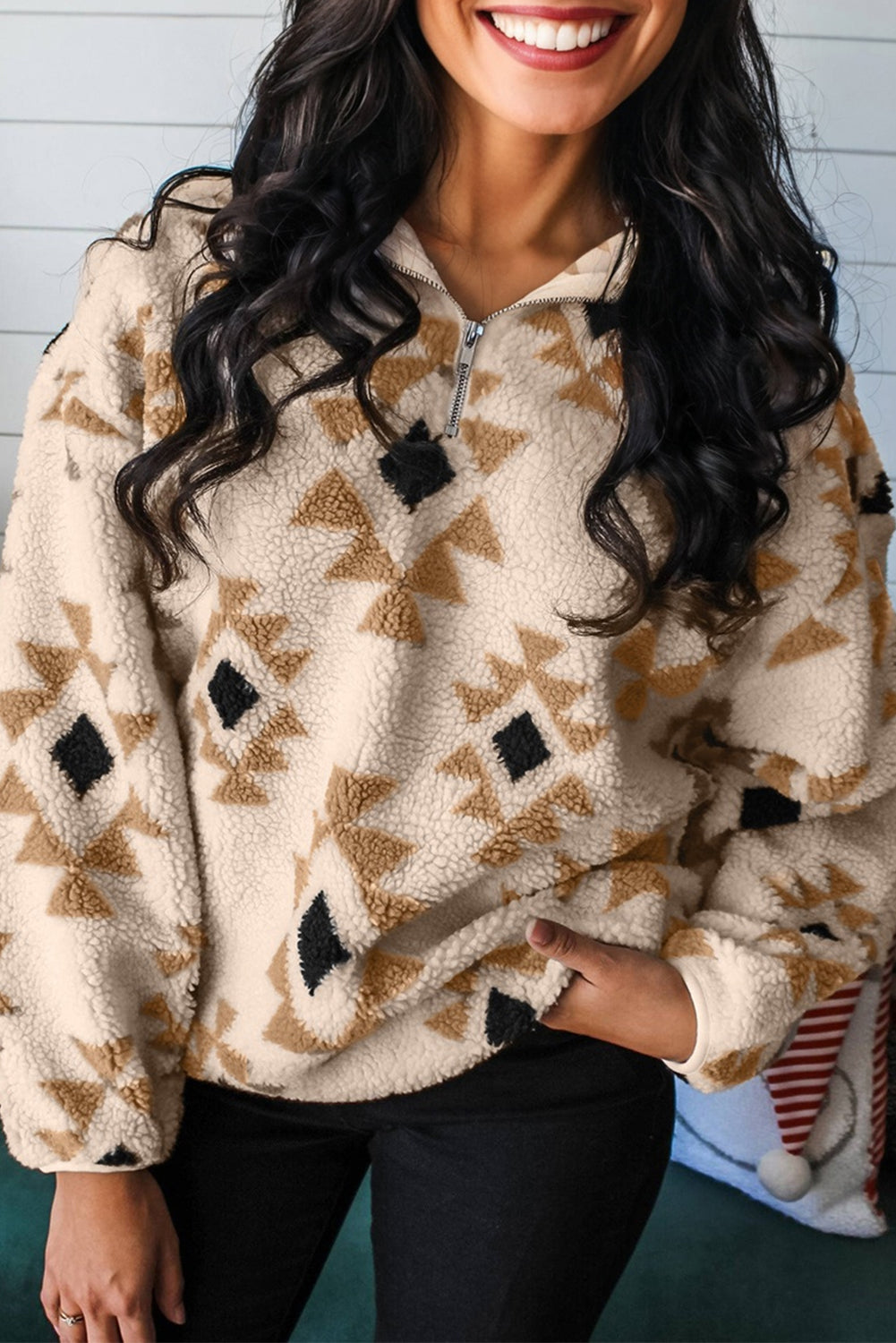 Khaki Aztec Print Sherpa Quarter Zip Collar Sweatshirt-Tops/Sweatshirts & Hoodies-[Adult]-[Female]-2022 Online Blue Zone Planet
