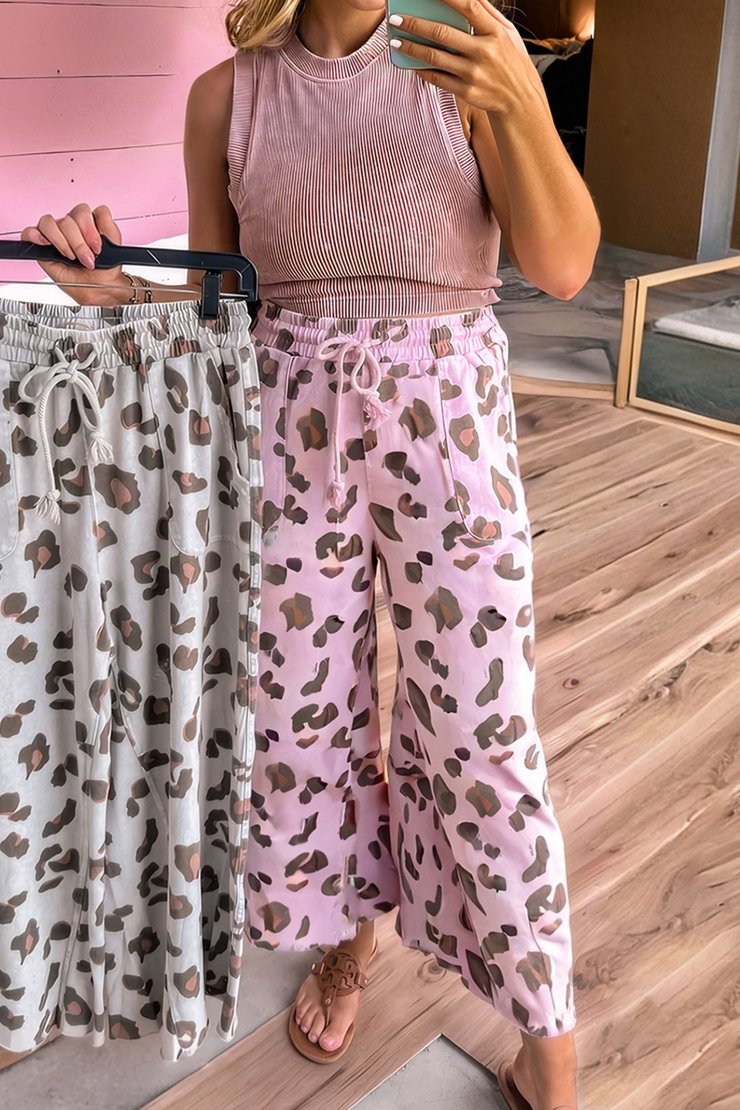 Pink Drawstring Leopard Print Patch Pocket Loose Pants-Bottoms/Pants & Culotte-[Adult]-[Female]-2022 Online Blue Zone Planet