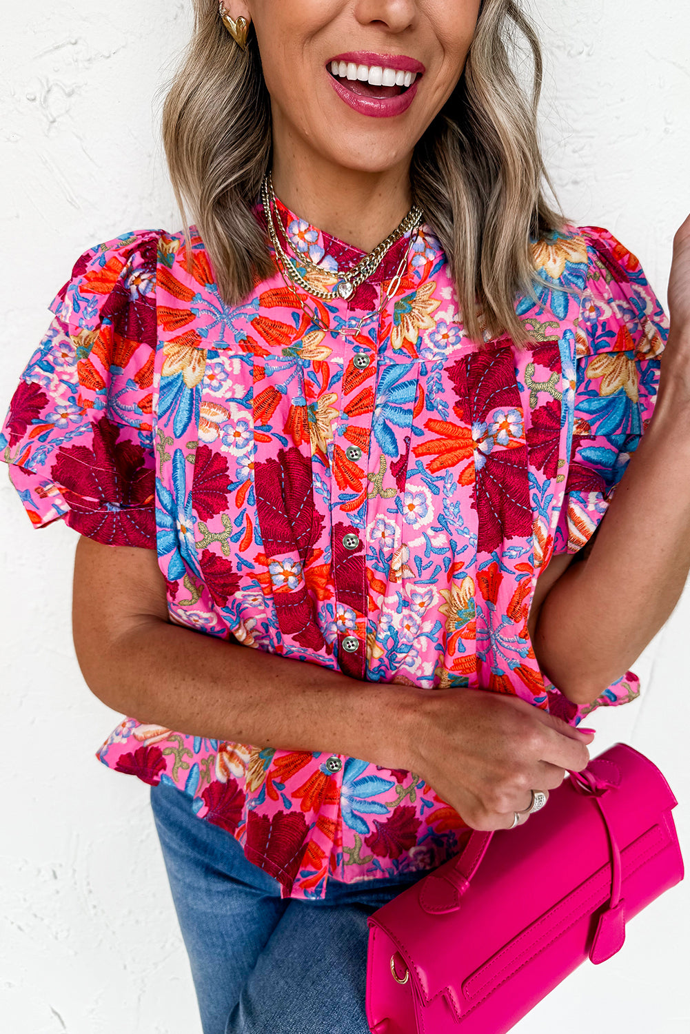 Pink Floral Print Bubble Sleeve Button Up Pleated Shirt-Tops/Blouses & Shirts-[Adult]-[Female]-Pink-S-2022 Online Blue Zone Planet