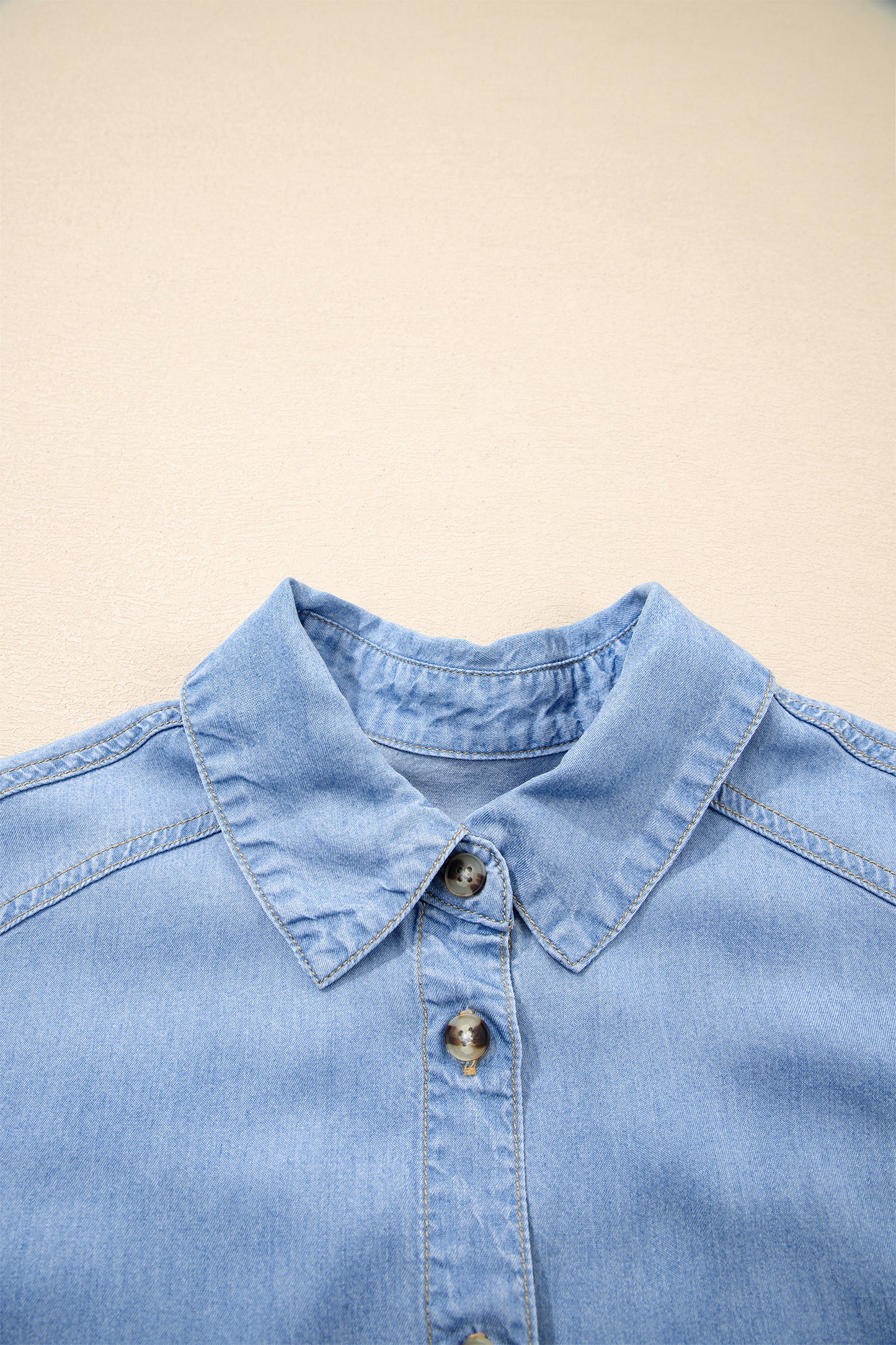 Beau Blue Half Sleeve Button Down Ruffled High Low Chambray Shirt-Tops/Blouses & Shirts-[Adult]-[Female]-2022 Online Blue Zone Planet