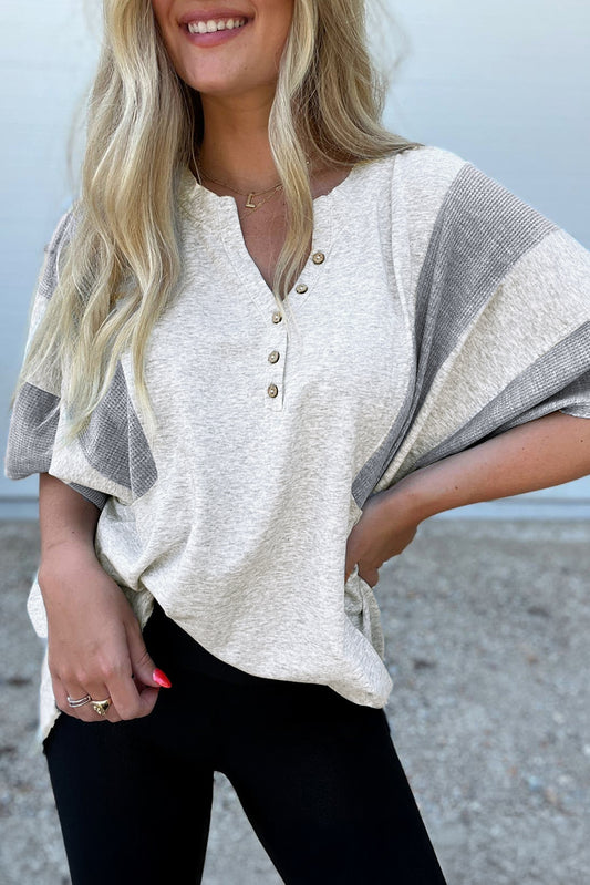 Light Grey Two Tone Contrast Waffle Knit Patched Buttoned V Neck Top