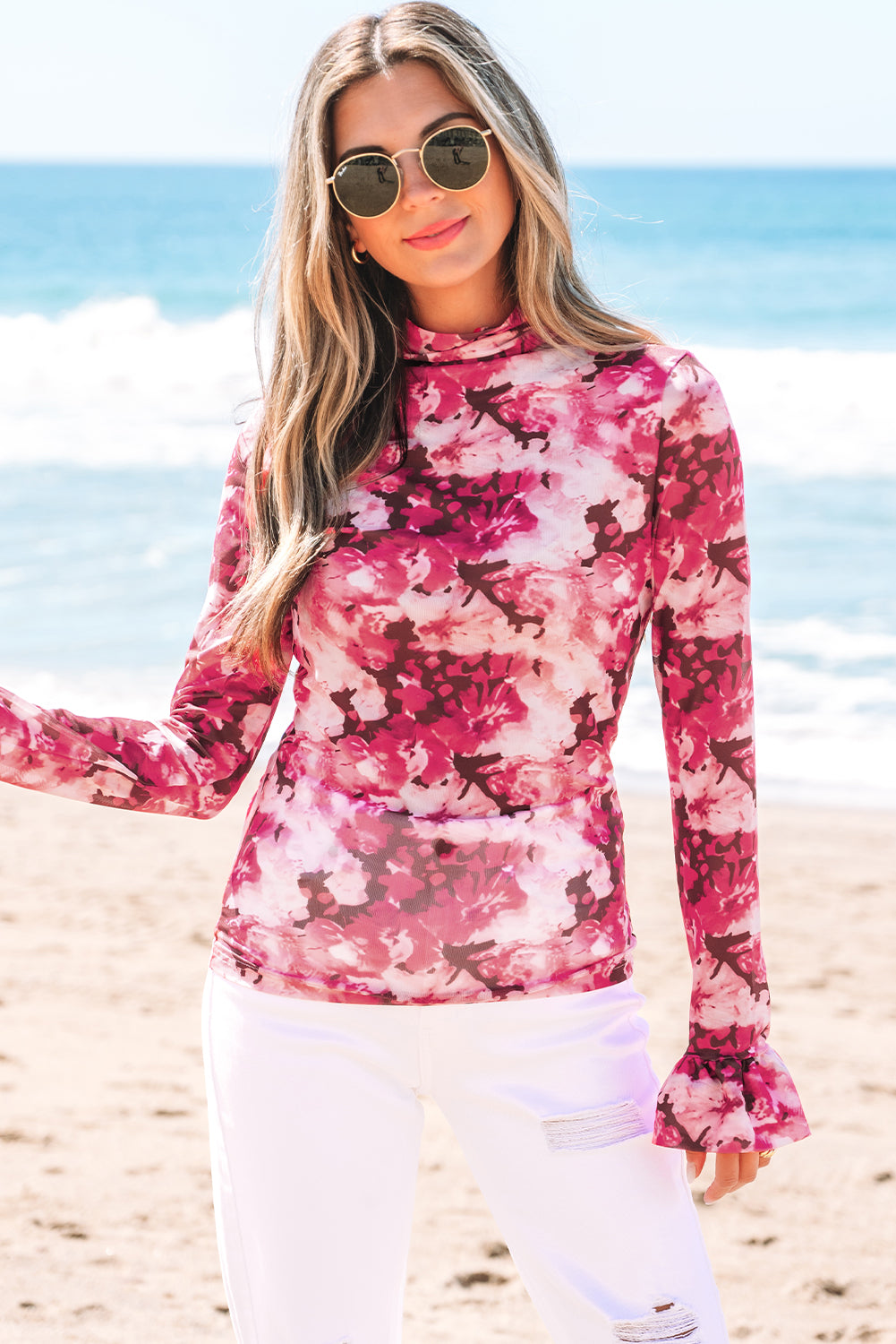 Rose Floral Mesh Flounce Sleeve Mock Neck Blouse-Tops/Blouses & Shirts-[Adult]-[Female]-2022 Online Blue Zone Planet