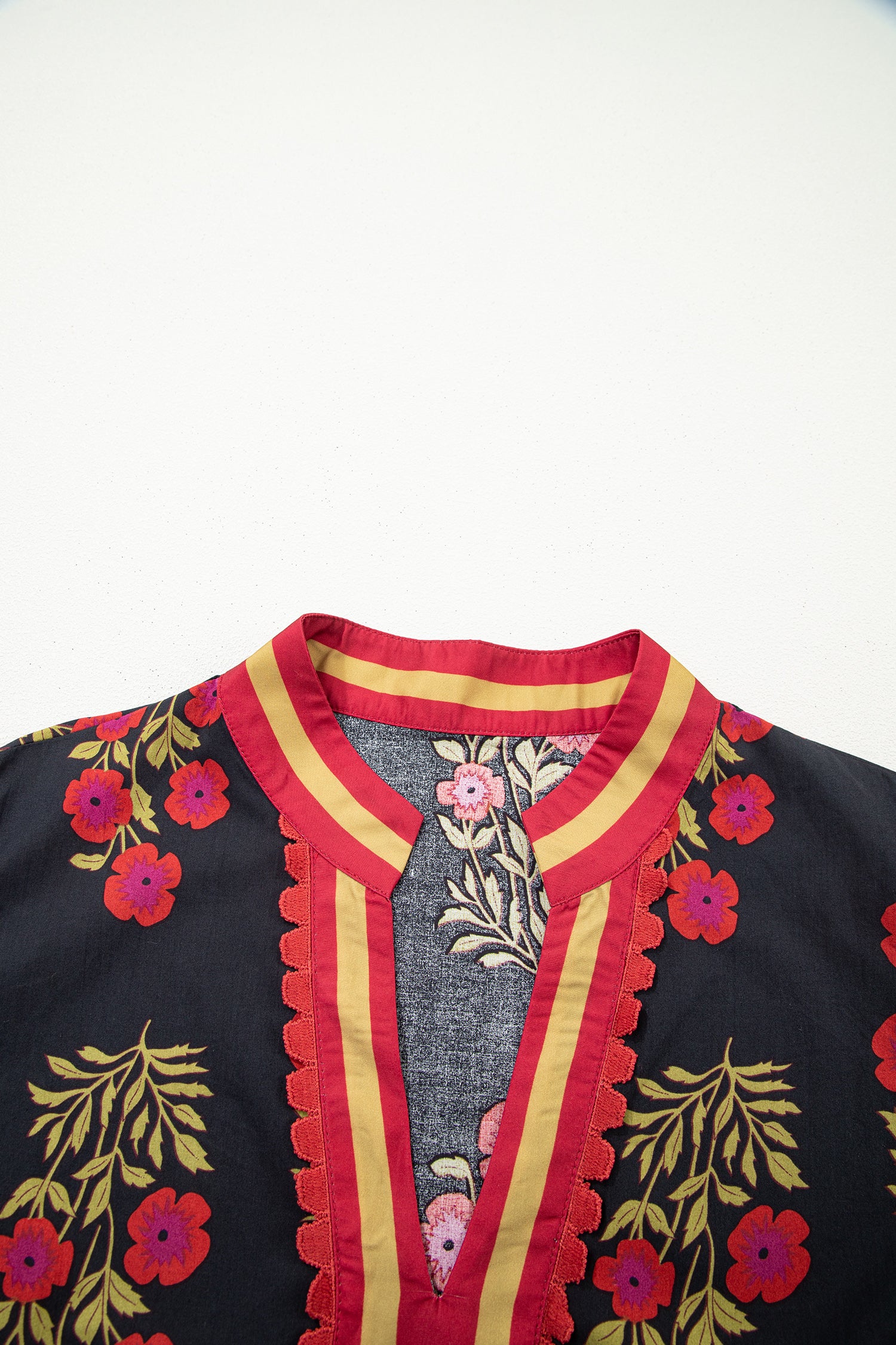 Black Plus Size Floral Print Ricrac Striped Trim Short Sleeve Cotton Blouse-Plus Size/Plus Size Tops/Plus Size Blouses & Shirts-[Adult]-[Female]-2022 Online Blue Zone Planet