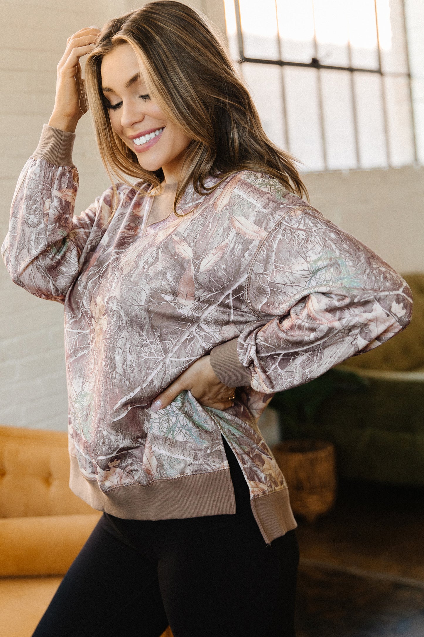 Brown Abstract Camo Print Color Block Detail Baggy Pullover Sweatshirt-Tops/Sweatshirts & Hoodies-[Adult]-[Female]-2022 Online Blue Zone Planet