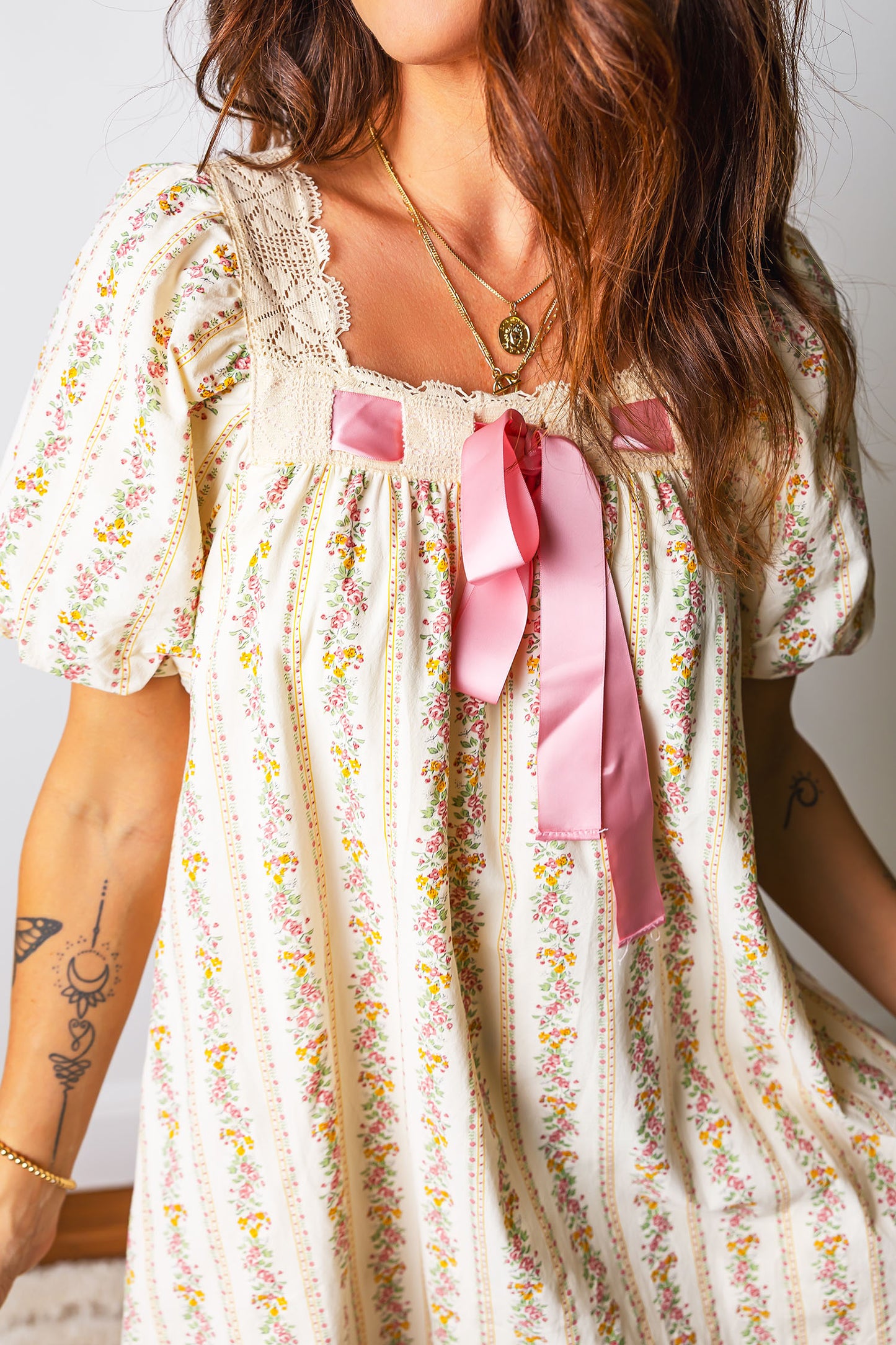 Multicolour Floral Print Contrast Ribbon Bow Lace Trim Square Neck Mini Dress-Dresses/Floral Dresses-[Adult]-[Female]-2022 Online Blue Zone Planet