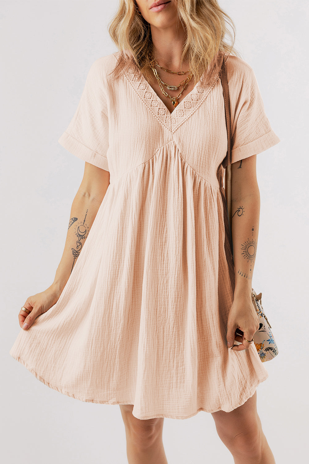 Beige Folded Short Sleeve Lace V Neck Mini Dress-Dresses/Mini Dresses-[Adult]-[Female]-Beige-S-2022 Online Blue Zone Planet