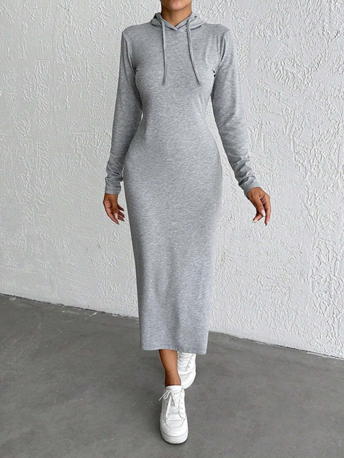 Blue Planet | Drawstring Long Sleeve Hooded Midi Dress - Blue Blue Zone Planet Blue Planet | Drawstring Long Sleeve Hooded Midi Dress - Blue Blue Zone Planet