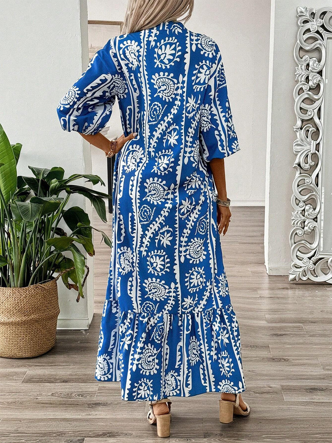 Printed Notched Half Sleeve Maxi Dress-TOPS / DRESSES-[Adult]-[Female]-2022 Online Blue Zone Planet