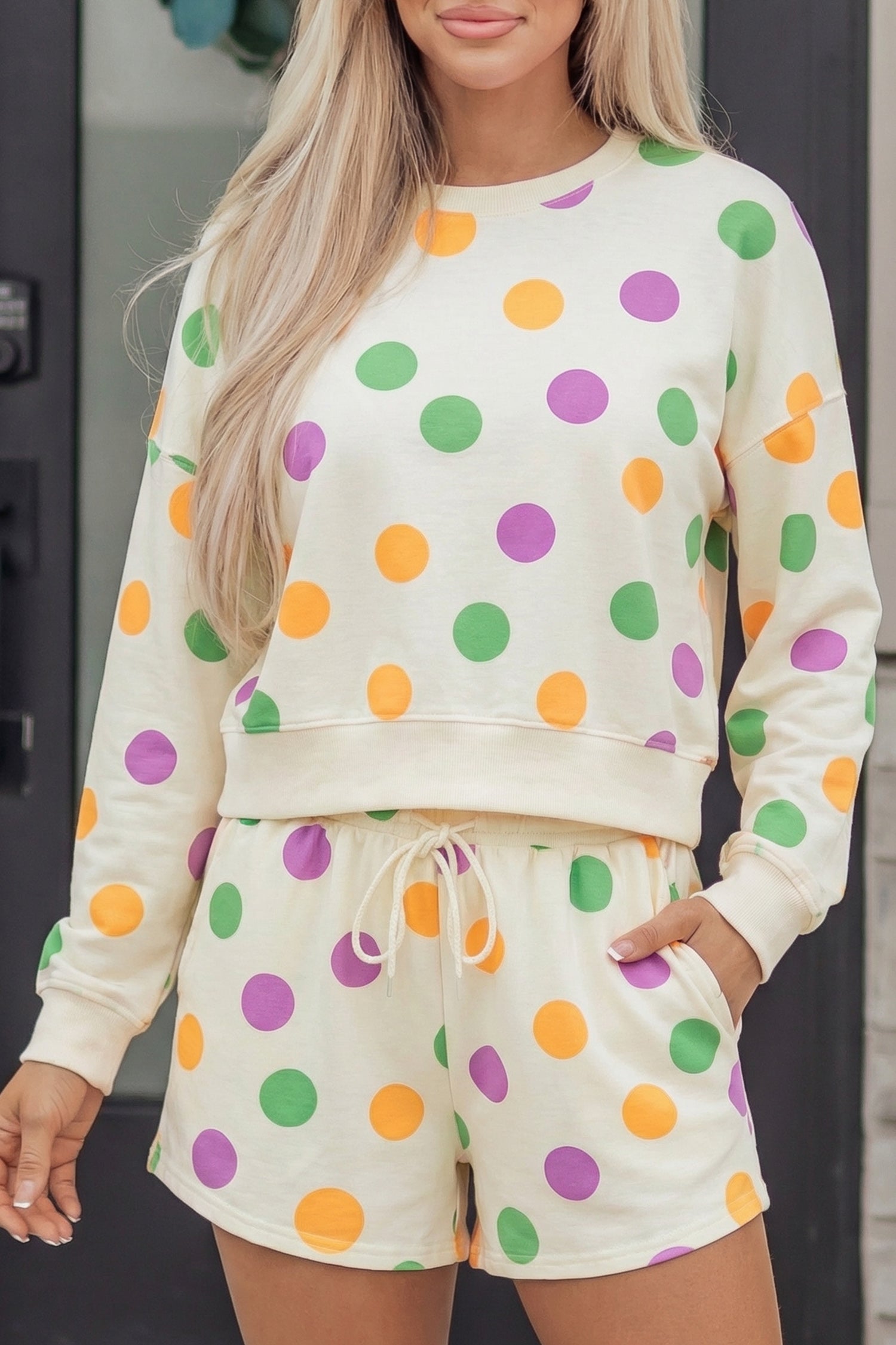 Multicolour Polka Dot Print Drop Shoulder Pullover Drawstring Shorts Set-Two Piece Sets/Short Sets-[Adult]-[Female]-2022 Online Blue Zone Planet