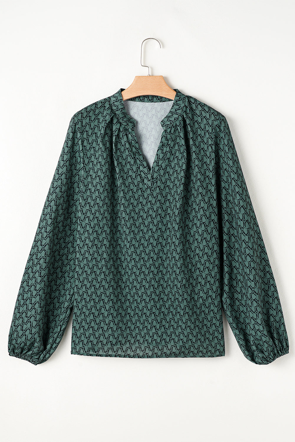 Blue Zone Planet | Green Geometric Print Notched Neck Puff Sleeve Blouse-Tops/Blouses & Shirts-[Adult]-[Female]-2022 Online Blue Zone Planet