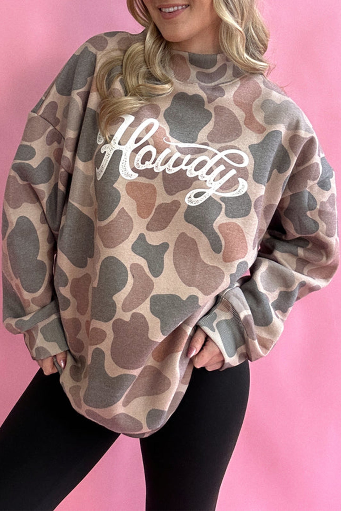 Multicolour Camo Print Howdy Western Style Baggy Pullover Sweatshirt-Tops/Sweatshirts & Hoodies-[Adult]-[Female]-2022 Online Blue Zone Planet