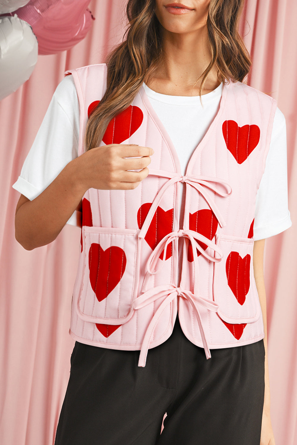 Light Pink Love Printed Lace Up V-Neck Vest-Coats-[Adult]-[Female]-Light Pink-S-2022 Online Blue Zone Planet