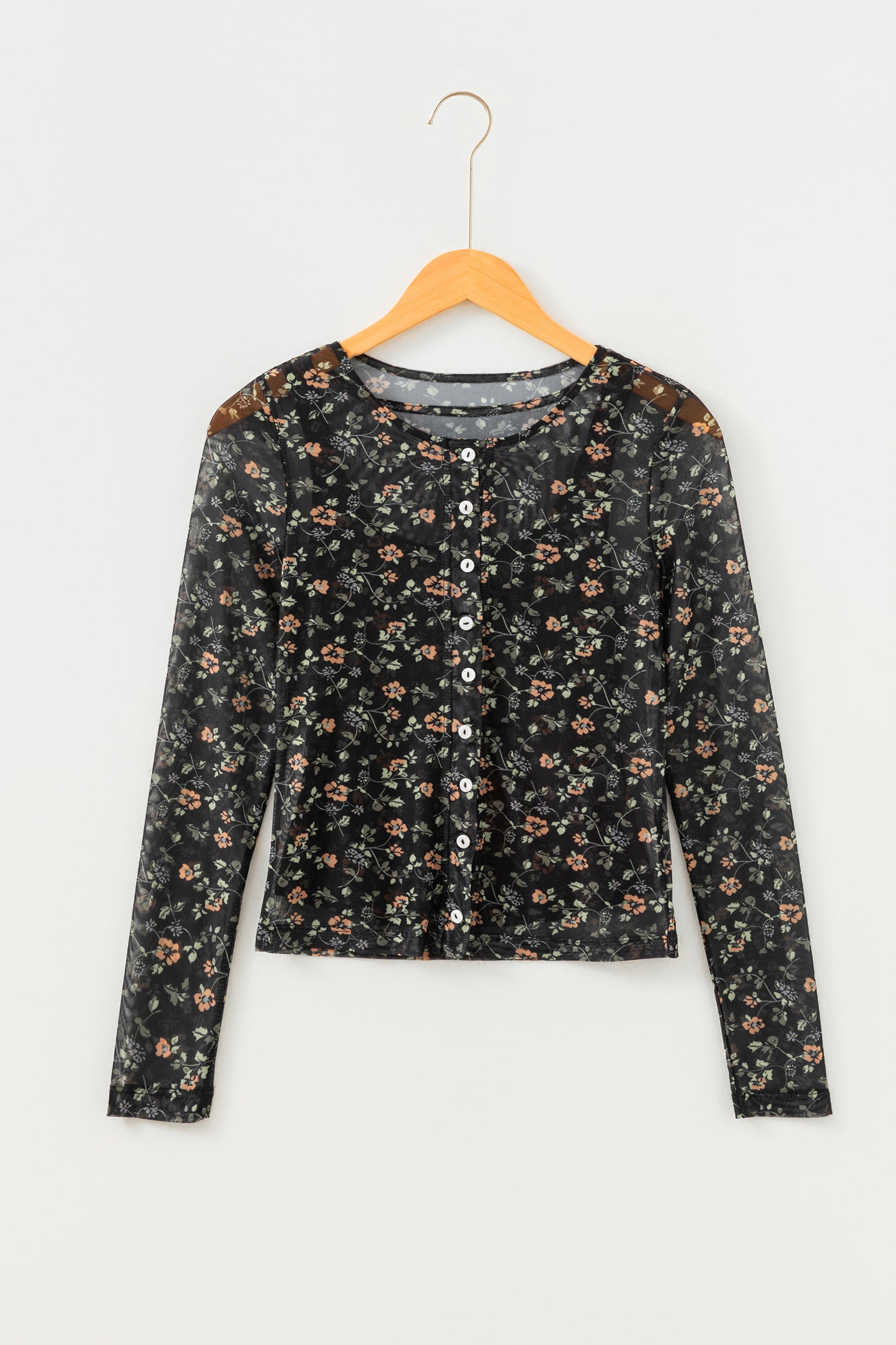 Black Floral Print Mesh Tank Button Front Slim Cardigan 2pcs Set-Tops/Long Sleeve Tops-[Adult]-[Female]-2022 Online Blue Zone Planet