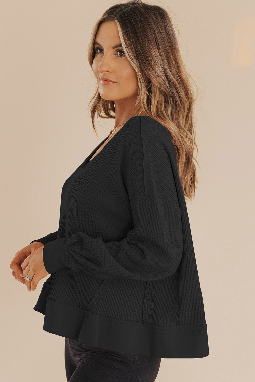 Black Waffle Knit Notched V Neck Drop Shoulder Solid Sweatshirt-Tops/Sweatshirts & Hoodies-[Adult]-[Female]-2022 Online Blue Zone Planet