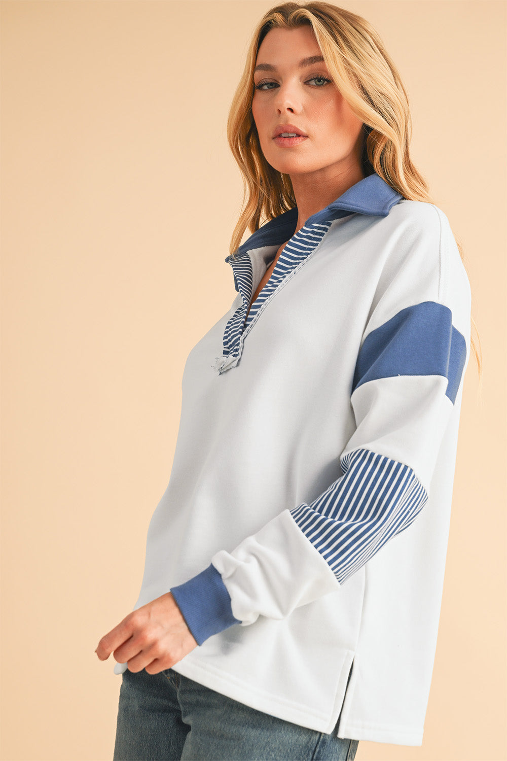 Sail Blue Striped Patchwork Collar Sweatshirt-Sweatshirts & Hoodies-[Adult]-[Female]-2022 Online Blue Zone Planet