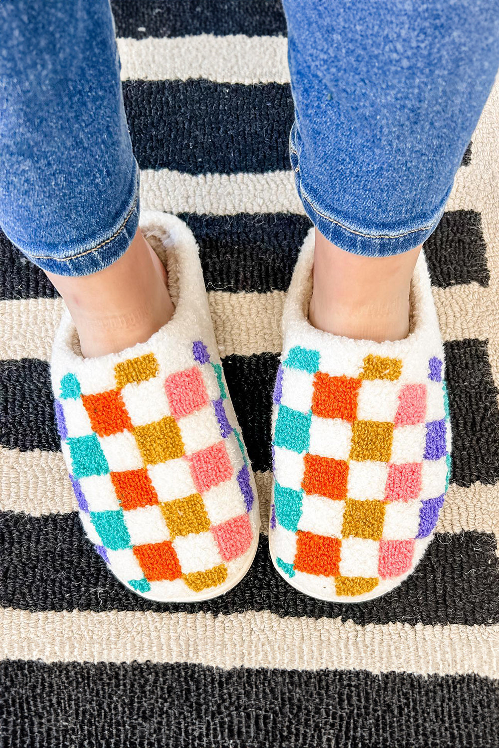 White Vibrant Checkered Plush Thermal Slippers-Shoes & Bags/Slippers-[Adult]-[Female]-White-37-2022 Online Blue Zone Planet