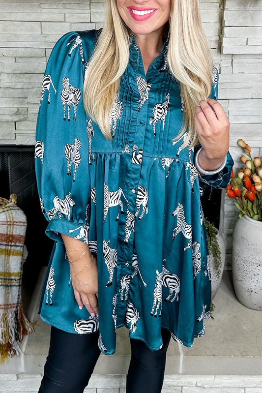 Blue Zone Planet | Blue Printed Zebra Pattern Pleated Shirt Tunic Dress-TOPS / DRESSES-[Adult]-[Female]-Blue Printed-S-2022 Online Blue Zone Planet