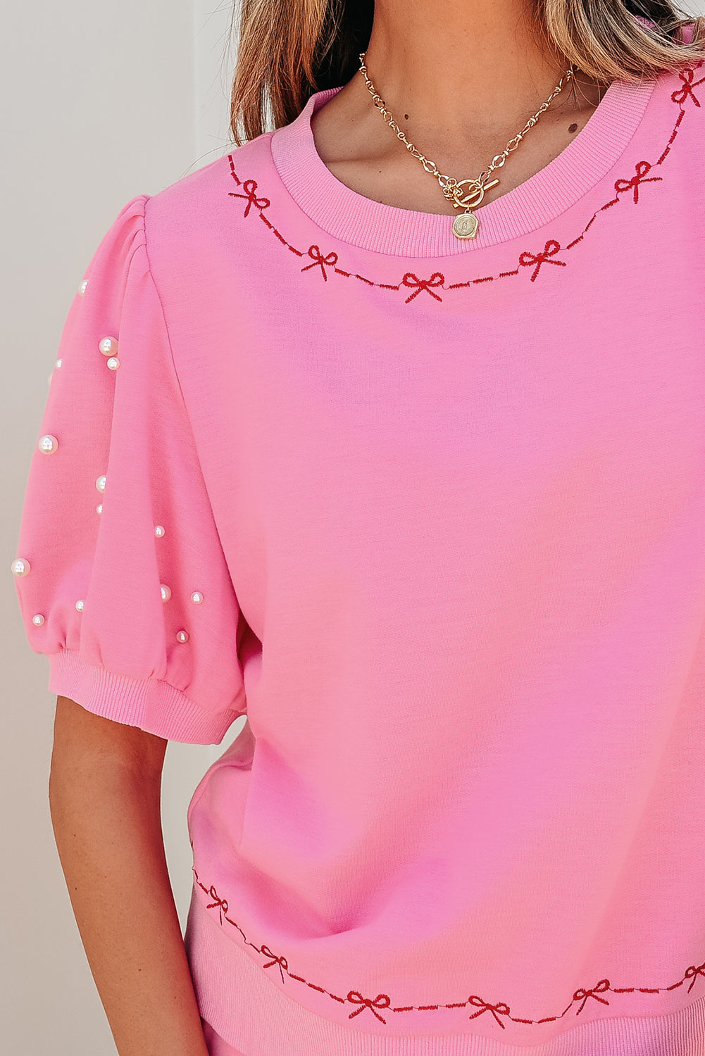 Pink Contrast Bow Trim Pearl Puff Sleeve Blouse and Skort 2pcs Set-Two Piece Sets/Short Sets-[Adult]-[Female]-2022 Online Blue Zone Planet