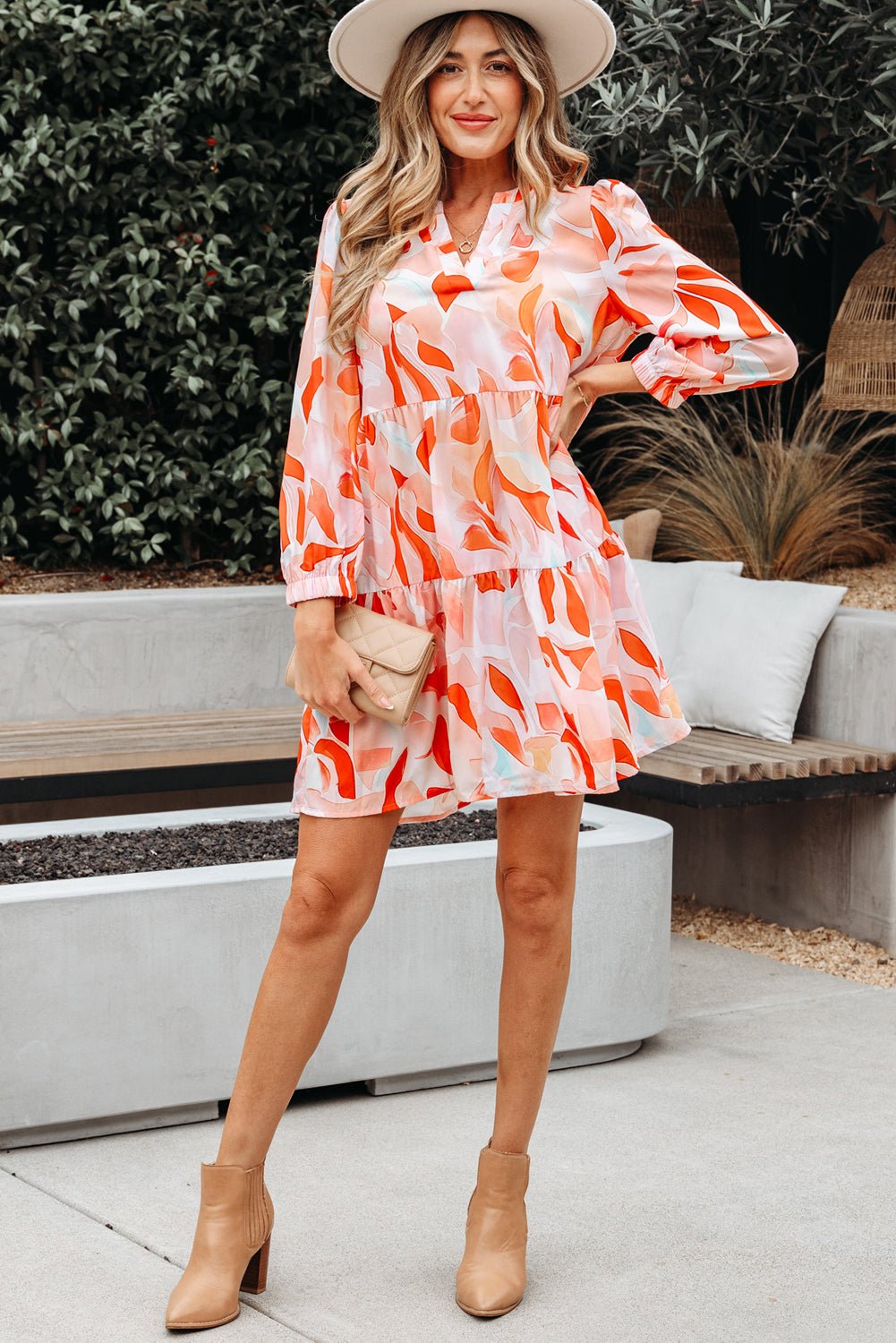 Orange Abstract Print Split Neck Long Sleeve Dress-TOPS / DRESSES-[Adult]-[Female]-2022 Online Blue Zone Planet