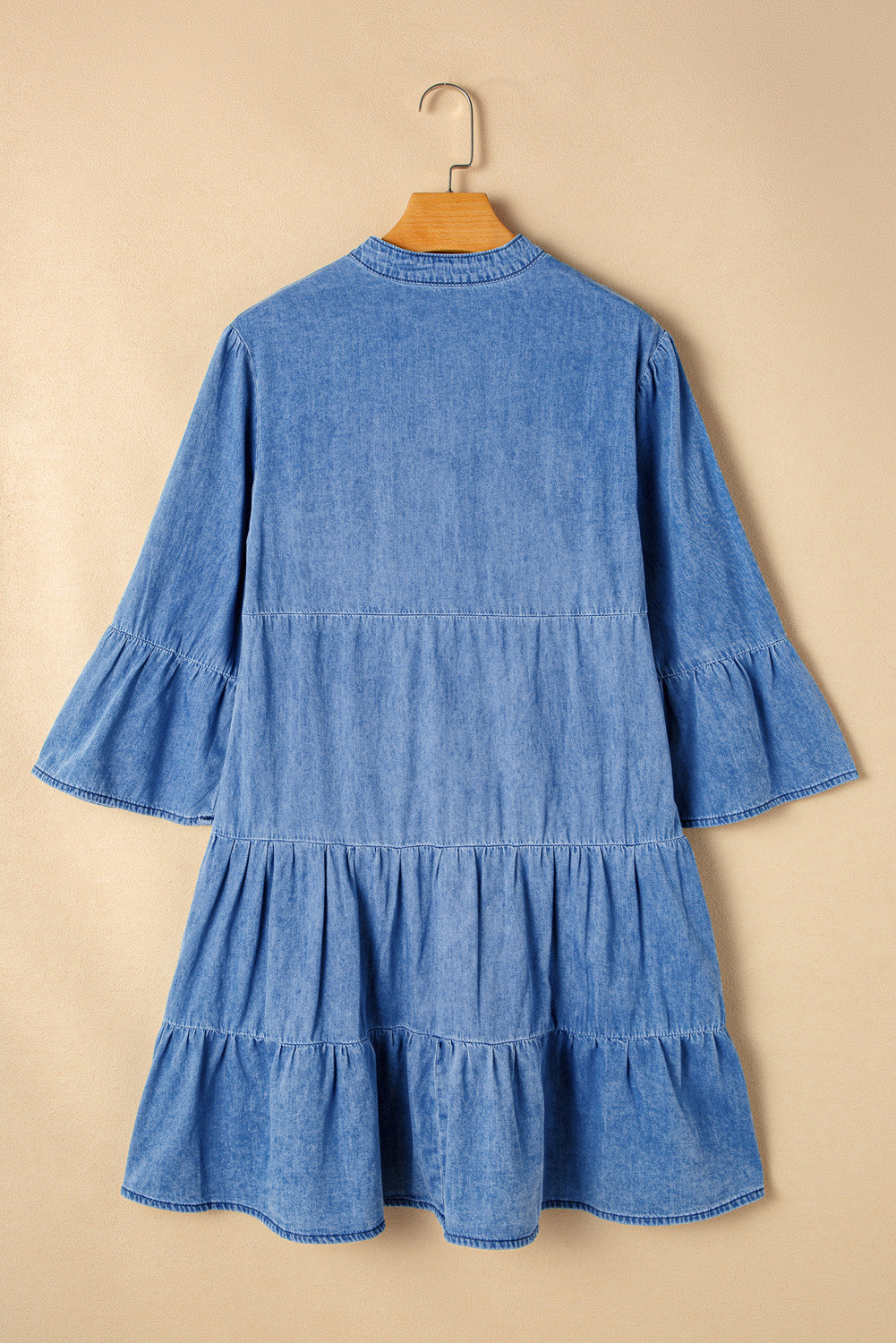 Blue Zone Planet | Sky Blue Chambray Ruffled 3/4 Sleeve Tiered Split V Neck Mini Dress-TOPS / DRESSES-[Adult]-[Female]-2022 Online Blue Zone Planet