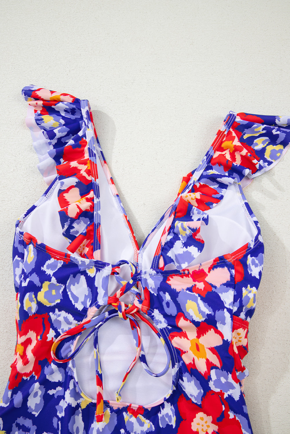 Blue Floral Ruffle Trim V Neck Lace-Up Back Tummy Control One Piece Swimsuit-Swimwear/One Piece Swimsuit-[Adult]-[Female]-2022 Online Blue Zone Planet