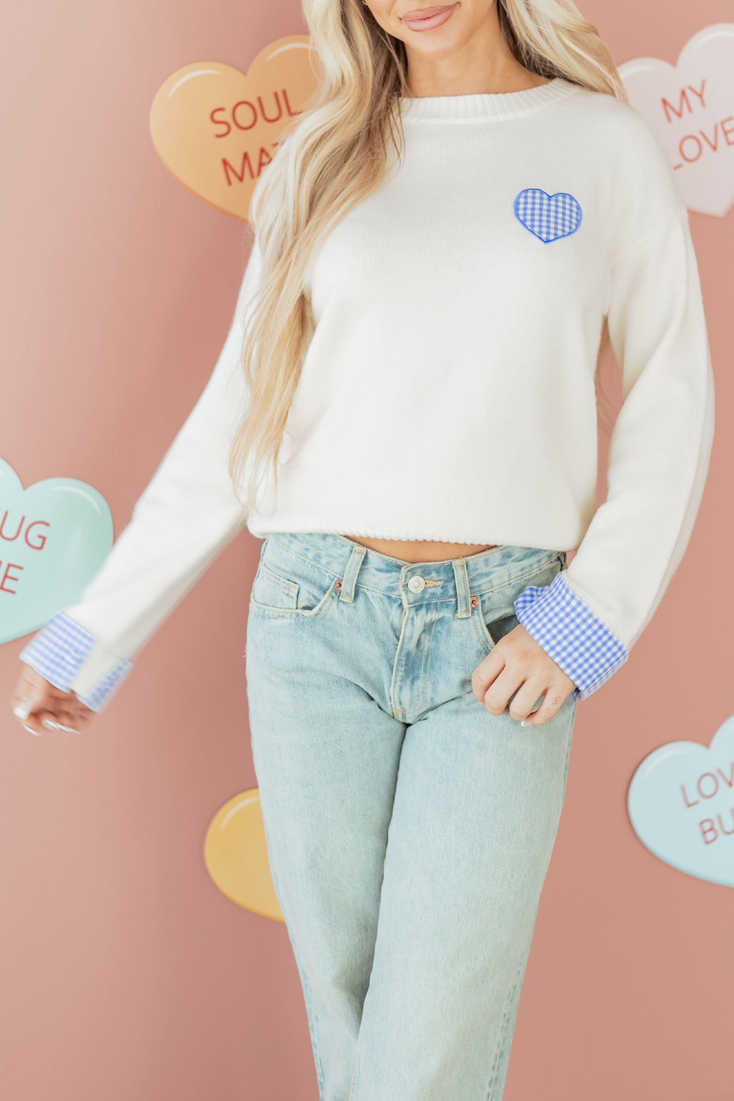 White Plaid Heart Embroidered Cuffed Drop Shoulder Crew Neck Sweater-TOPS / DRESSES-[Adult]-[Female]-2022 Online Blue Zone Planet