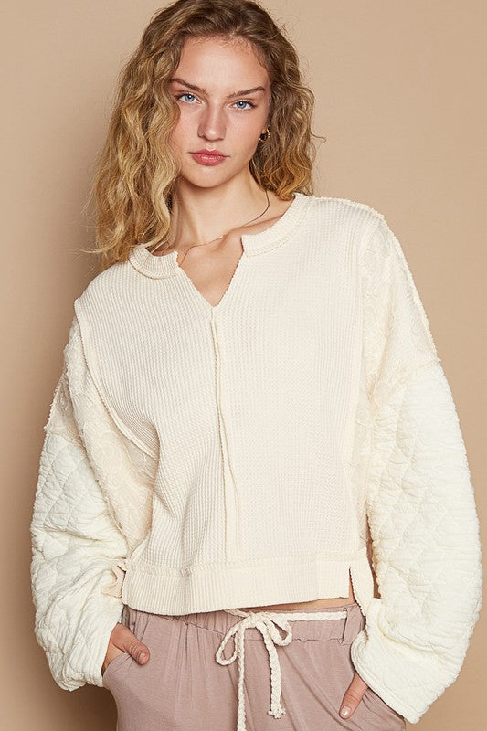 POL Waffle-Knit Notched Long Sleeve Knit Top-[Adult]-[Female]-Cream-S-2022 Online Blue Zone Planet