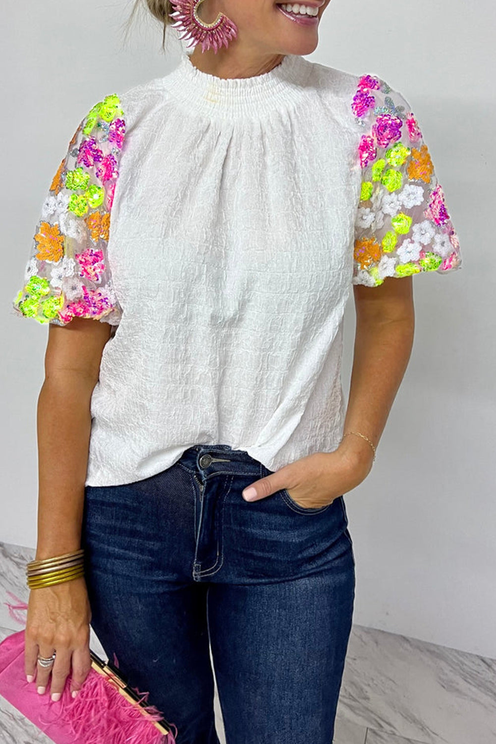White Smocked Collar Sequin Flower Puff Sleeve Textured Top-Tops/Tops & Tees-[Adult]-[Female]-White-S-2022 Online Blue Zone Planet