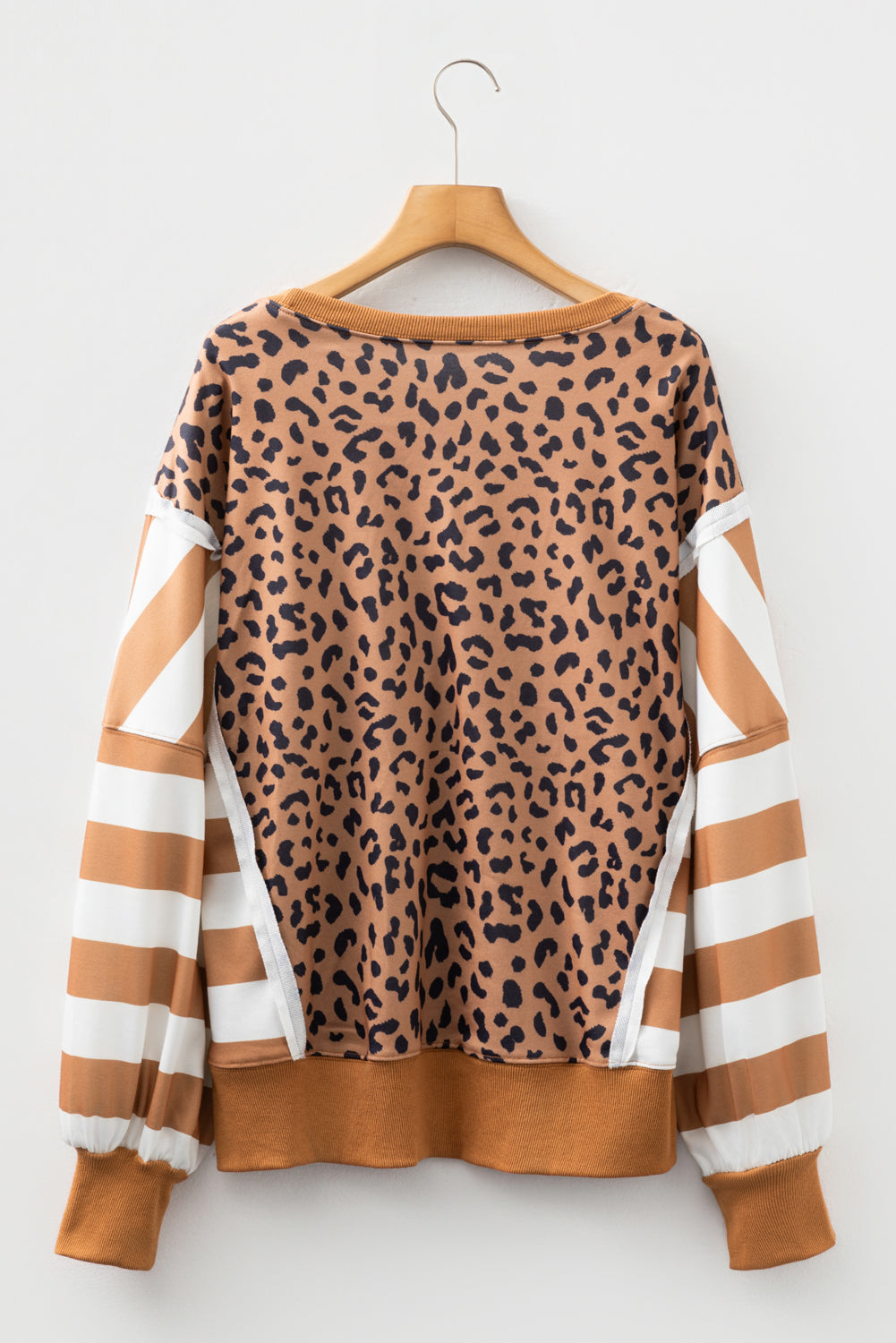 Purple Stripe Color Block Patchwork Leopard Casual Sweatshirt with Slits-Tops/Sweatshirts & Hoodies-[Adult]-[Female]-2022 Online Blue Zone Planet