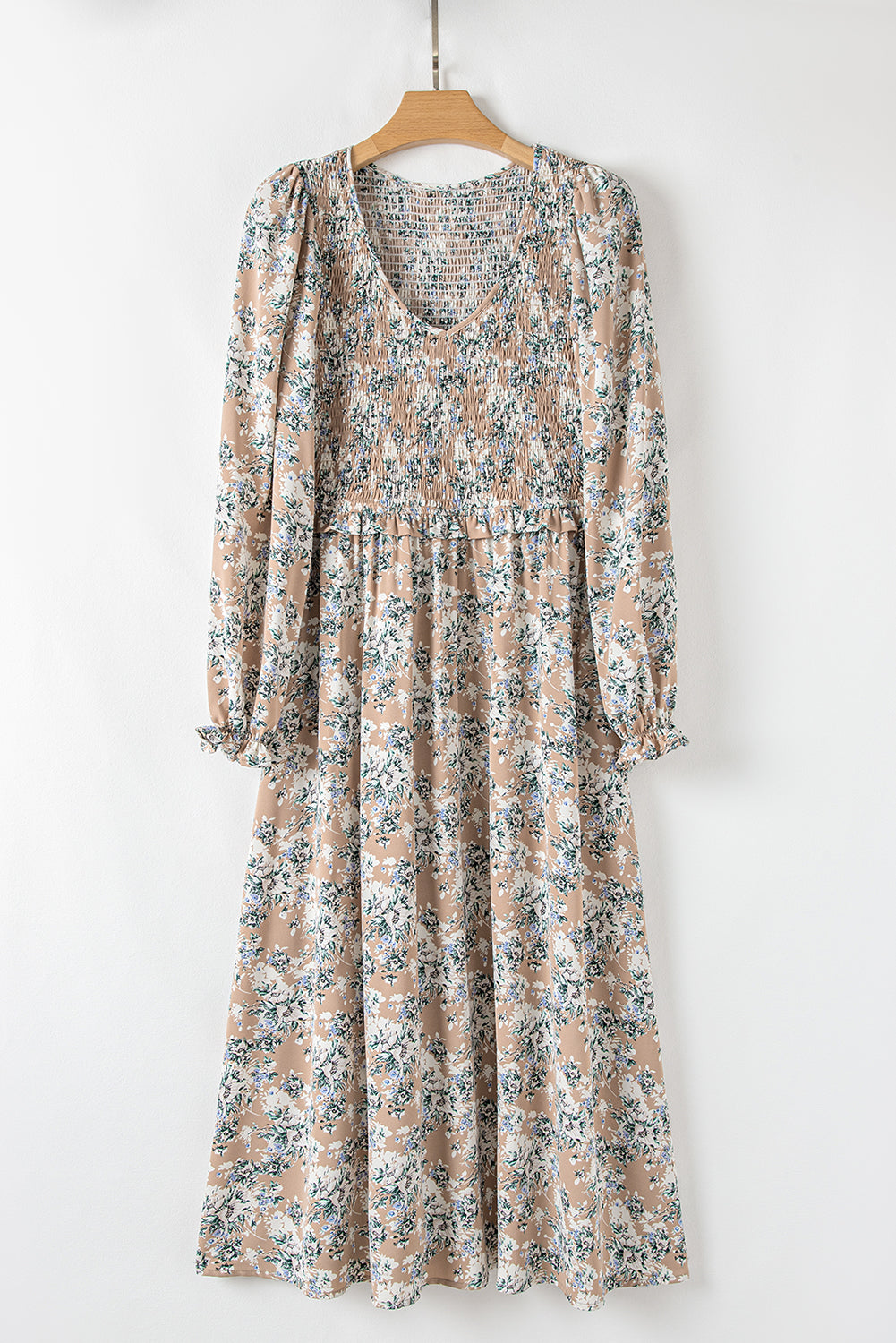 Blue Zone Planet | Khaki Maple Grove Floral Smocked Puff Sleeve Long Dress-TOPS / DRESSES-[Adult]-[Female]-2022 Online Blue Zone Planet