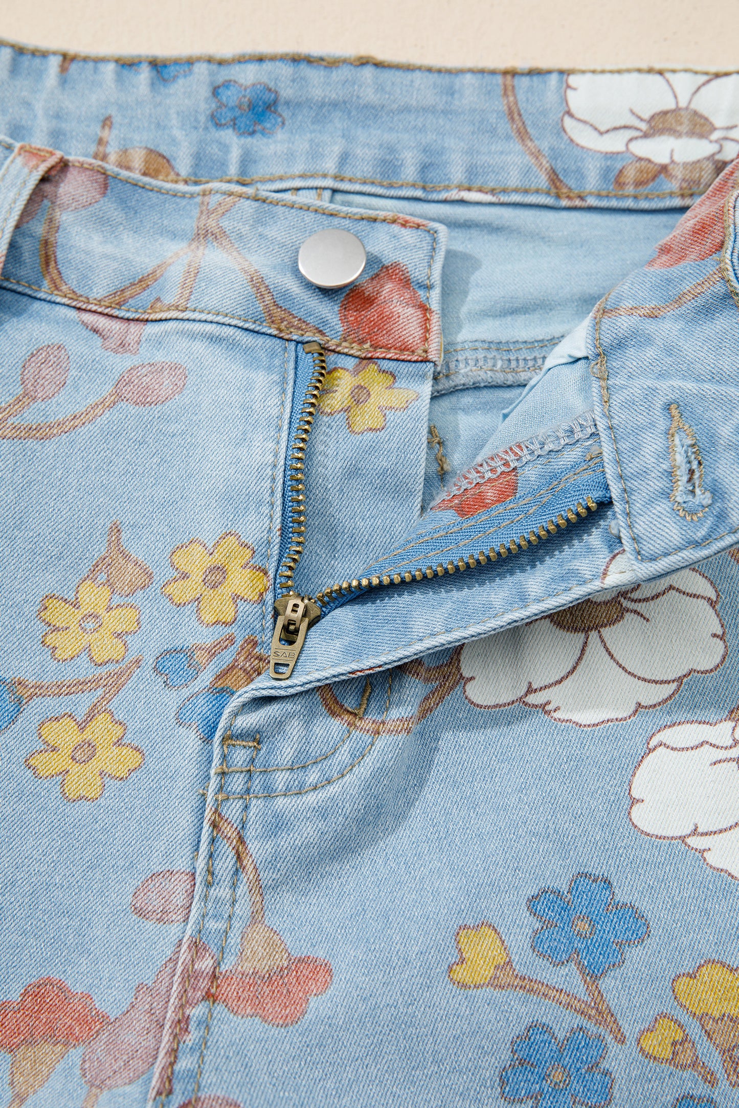Sky Blue Floral Printed Raw Hem Shift Jeans-Bottoms/Jeans-[Adult]-[Female]-2022 Online Blue Zone Planet
